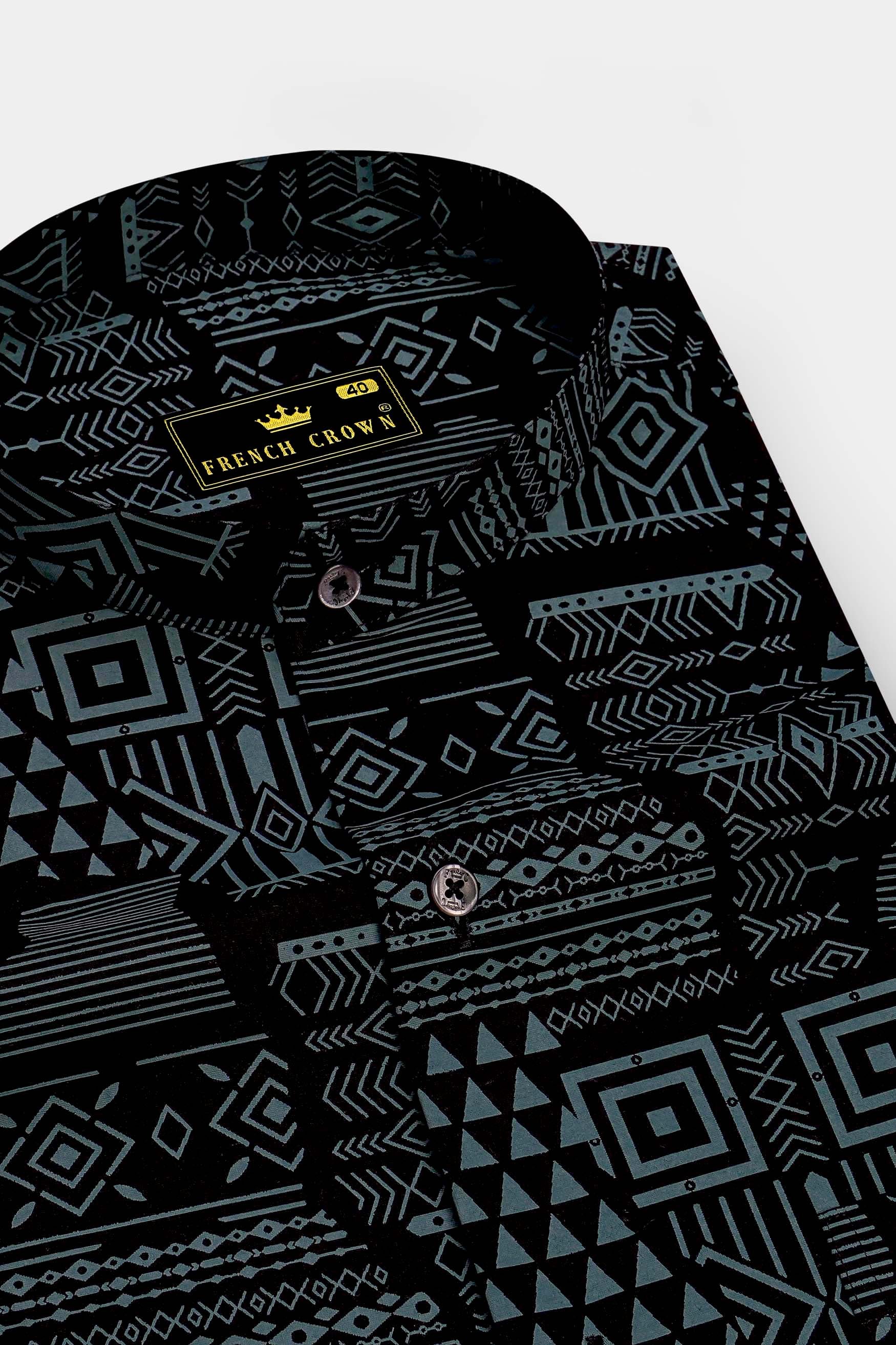 Noirix-Jade Black And Bayoux Gray Geometric Printed Super Soft Premium Cotton Casual Shirt