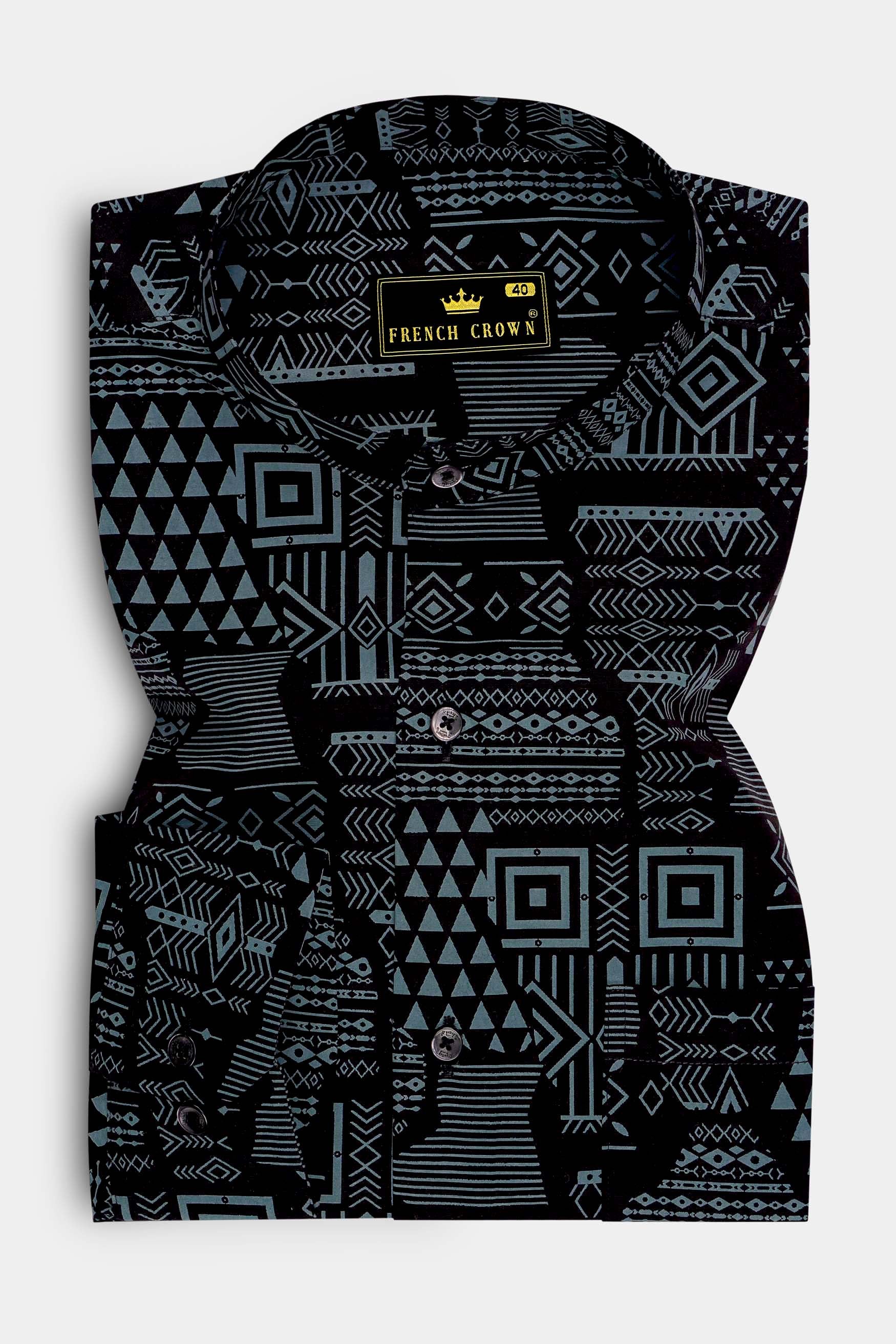 Noirix-Jade Black And Bayoux Gray Geometric Printed Super Soft Premium Cotton Casual Shirt