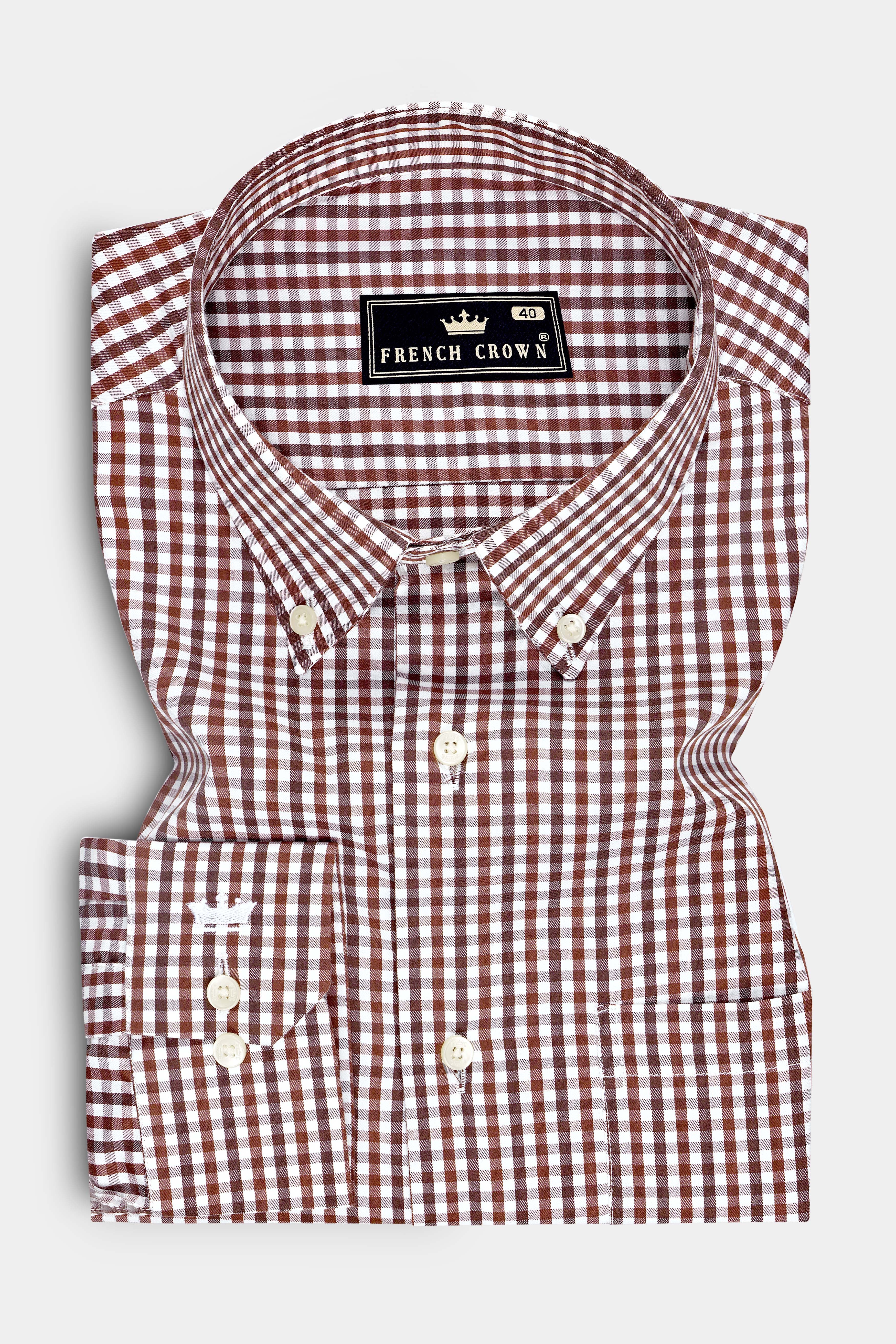 Kastor-Copper Rust Brown And Bright White Gingham Plaid Super Soft Premium Cotton Dress Shirt