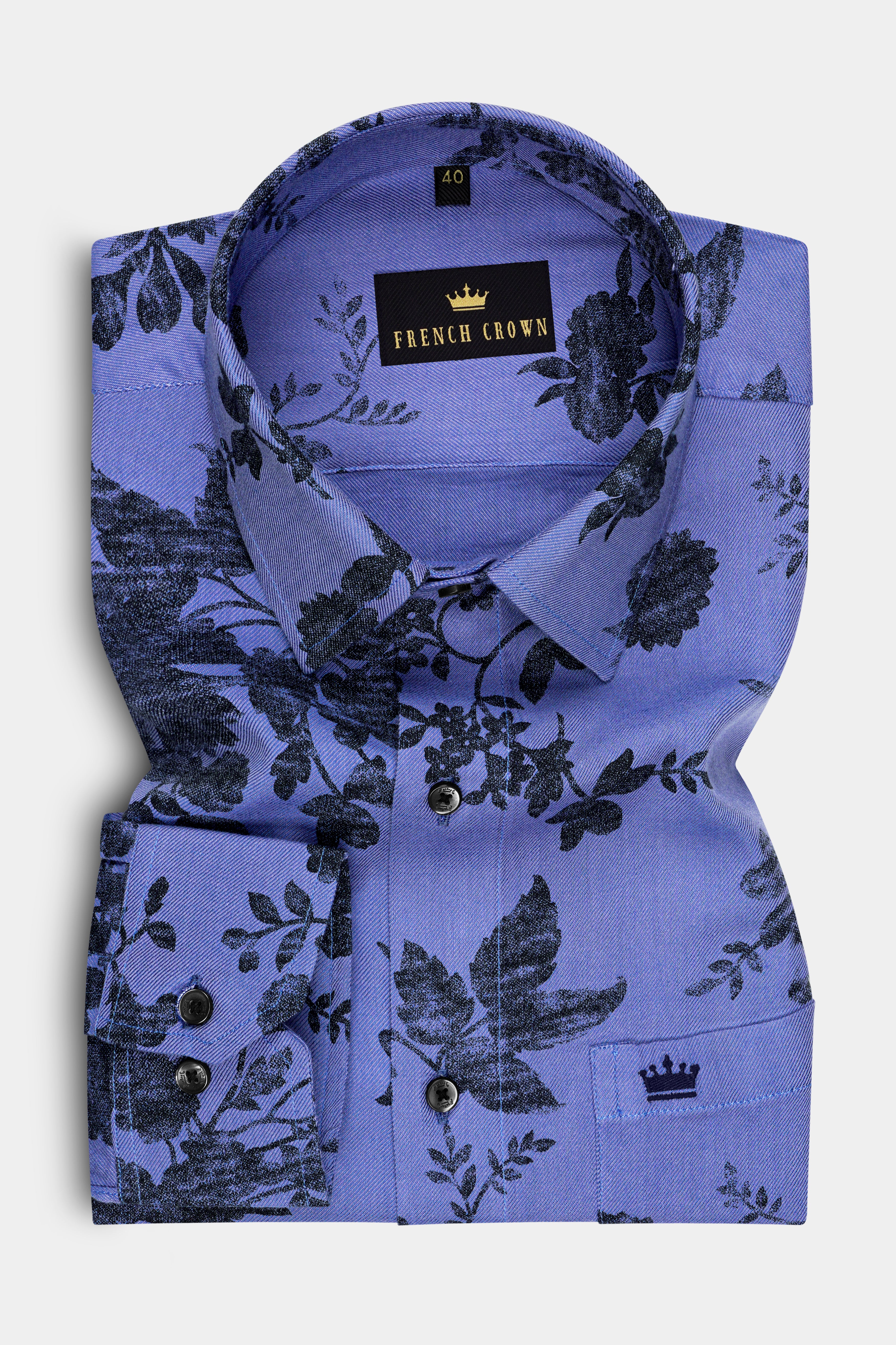 Azurion-Deluge Blue Vintage Floral Printed Super Soft Tencel Casual Shirt