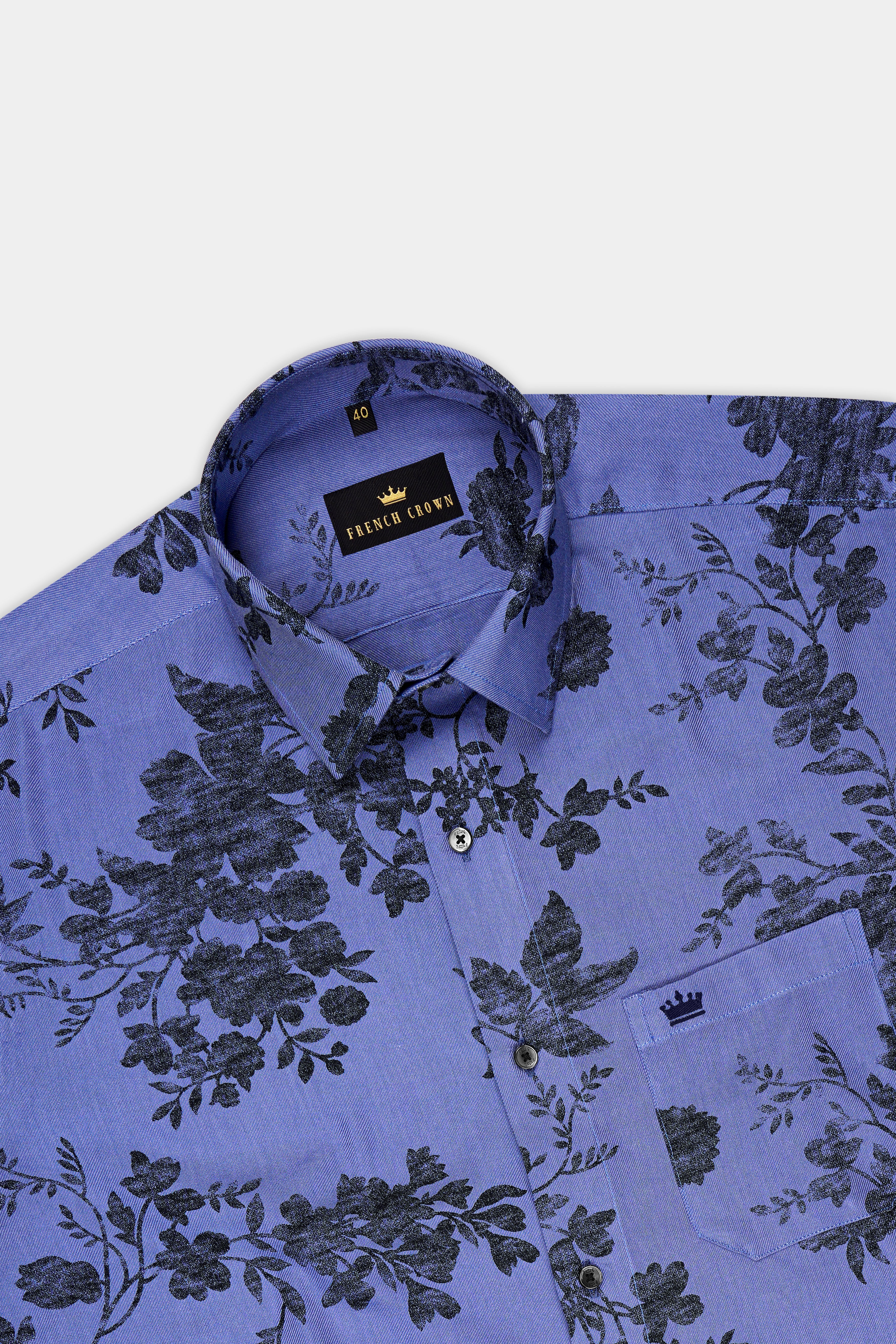 Azurion-Deluge Blue Vintage Floral Printed Super Soft Tencel Casual Shirt