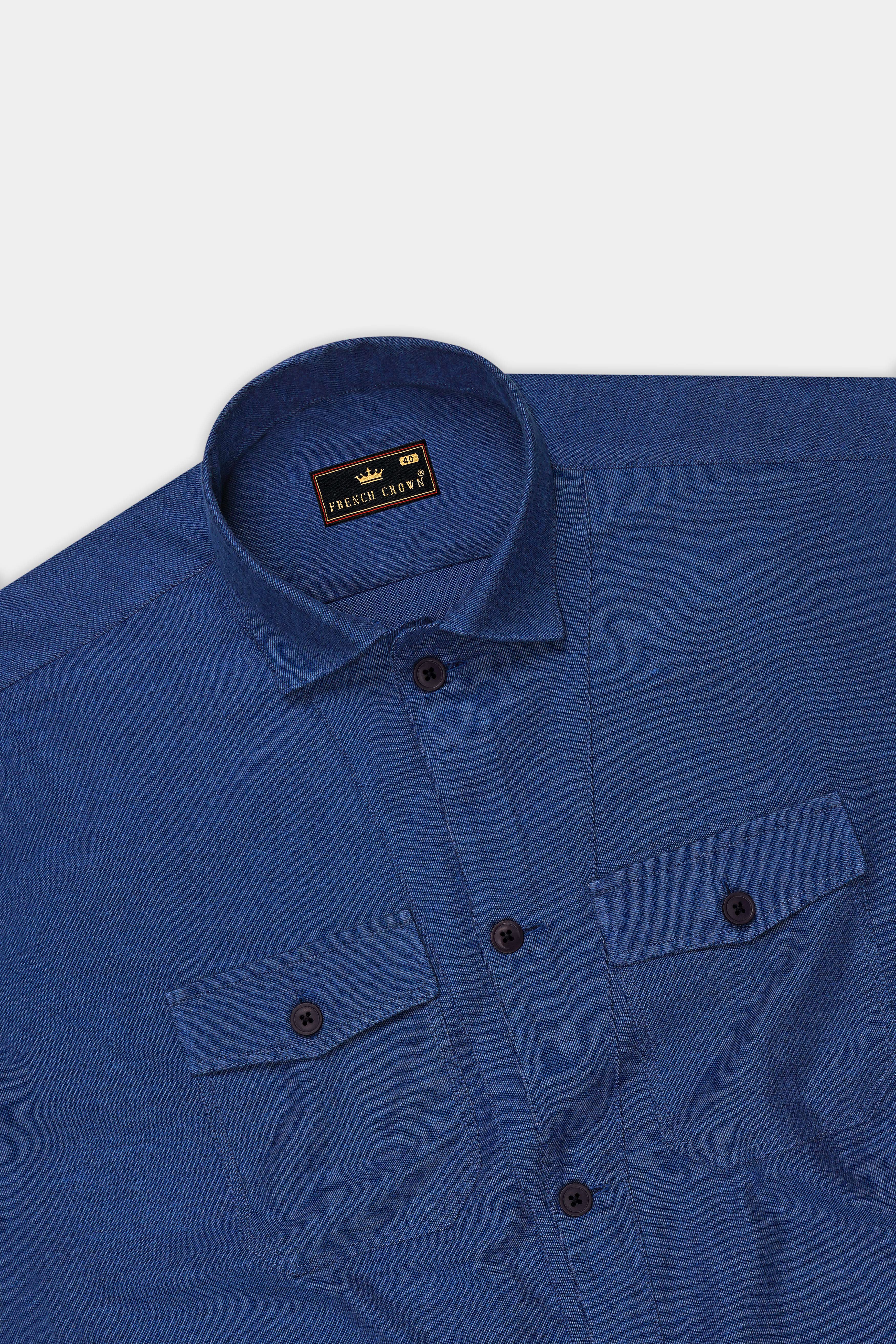 Stratos-Lapis Blue Textured Flannel Premium Cotton Designer Casual Shirt