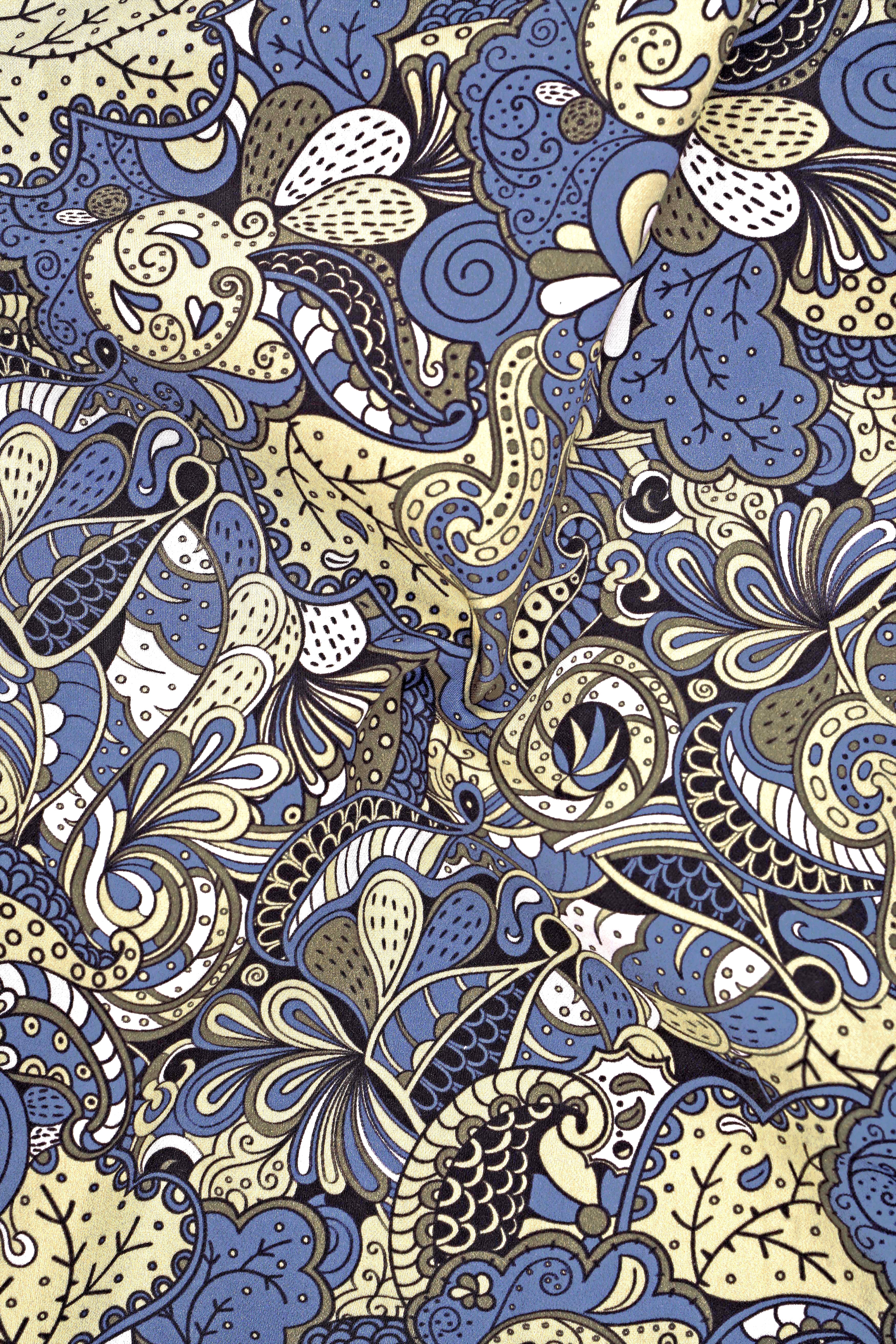 Ornato-Bayoux Blue And Parmesan Yellow Bohemian Ornamental Printed Subtle Sheen Super Soft Premium Cotton Dress Shirt
