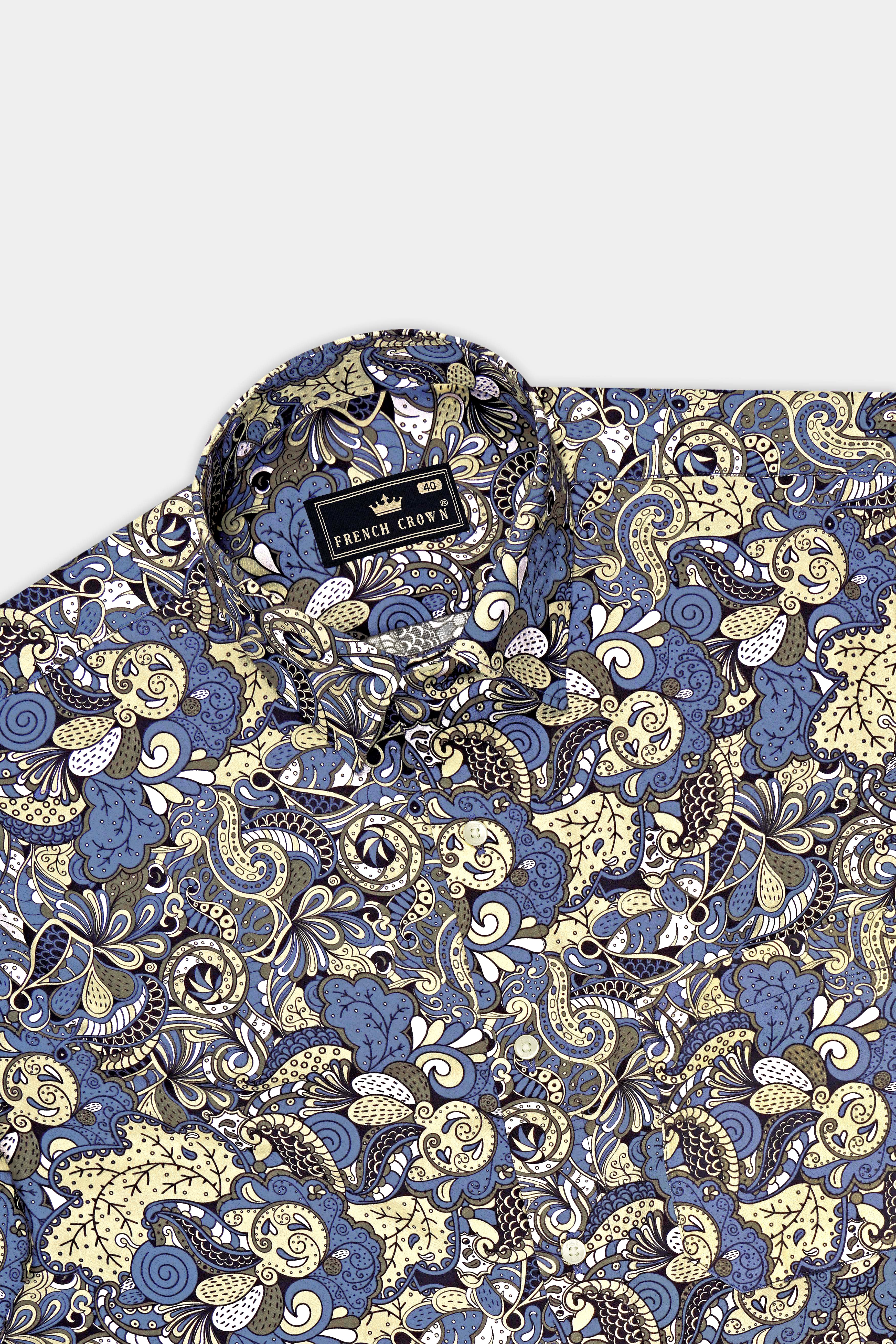 Ornato-Bayoux Blue And Parmesan Yellow Bohemian Ornamental Printed Subtle Sheen Super Soft Premium Cotton Dress Shirt