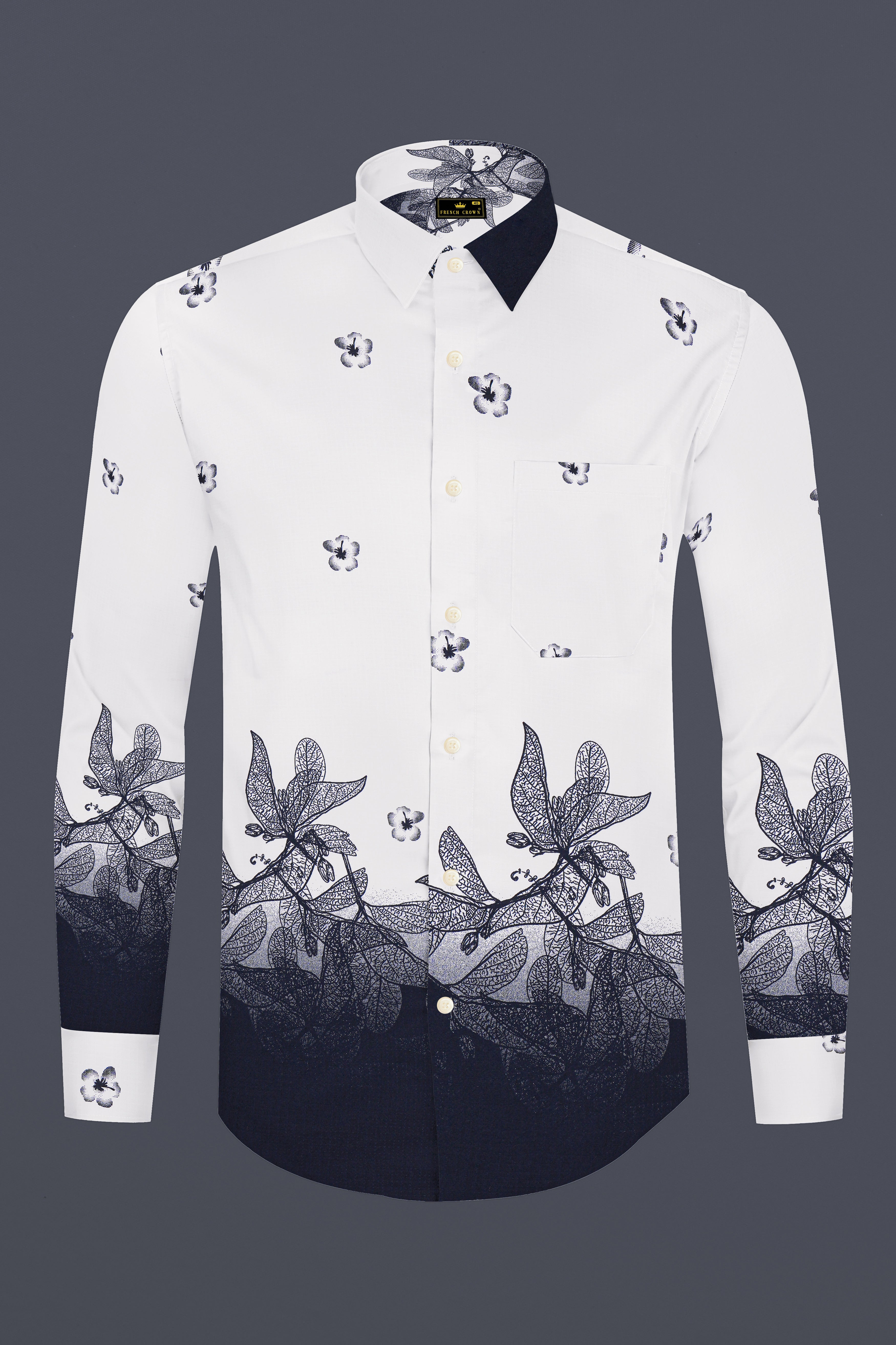 Florique-Bright White And Mirage Blue Floral Placement Printed Dobby Textured Premium Giza Cotton Casual Shirt