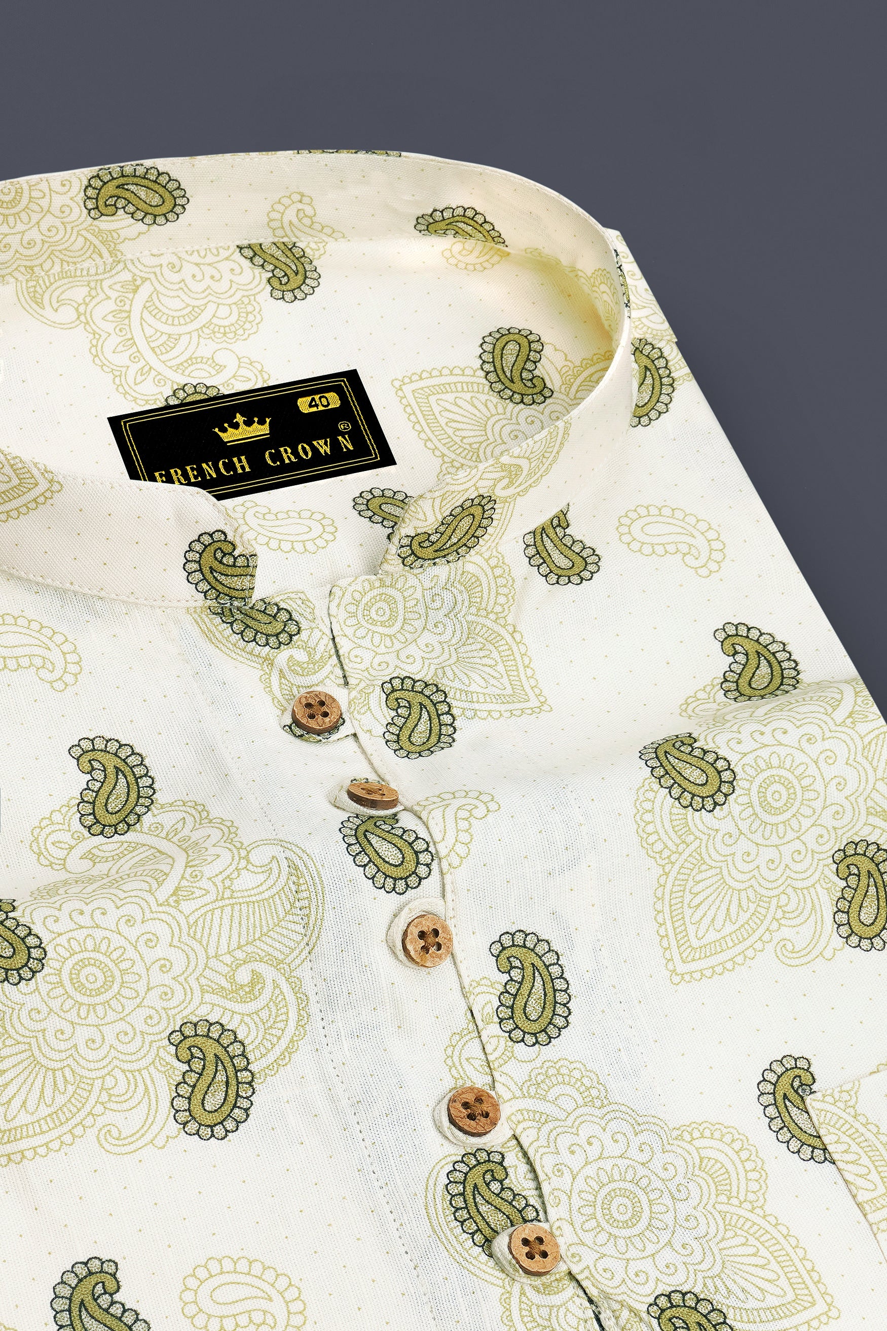 Paisano-Spring Cream And Husk Green Paisley Printed Luxurious Linen Casual Shirt