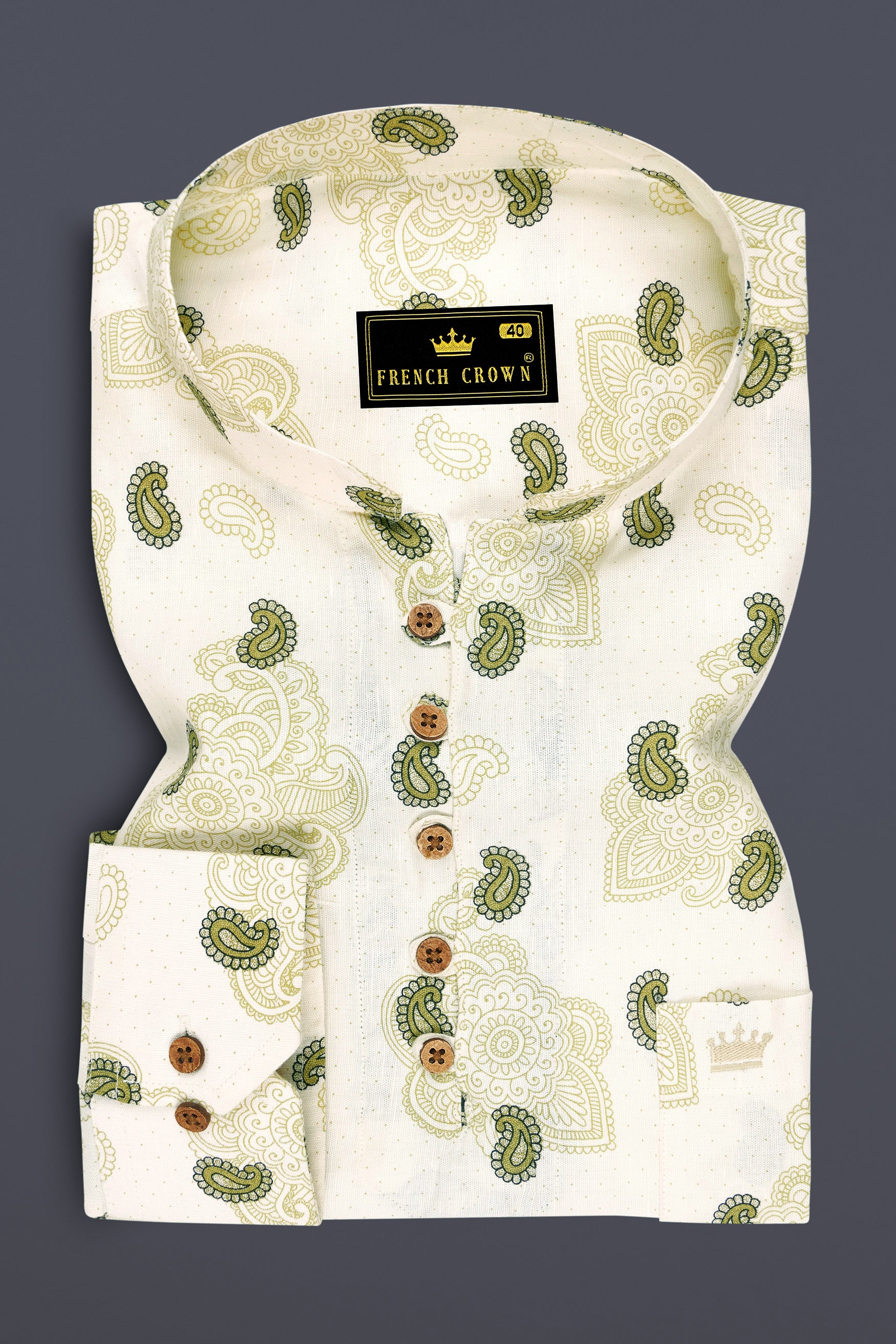 Paisano-Spring Cream And Husk Green Paisley Printed Luxurious Linen Casual Shirt