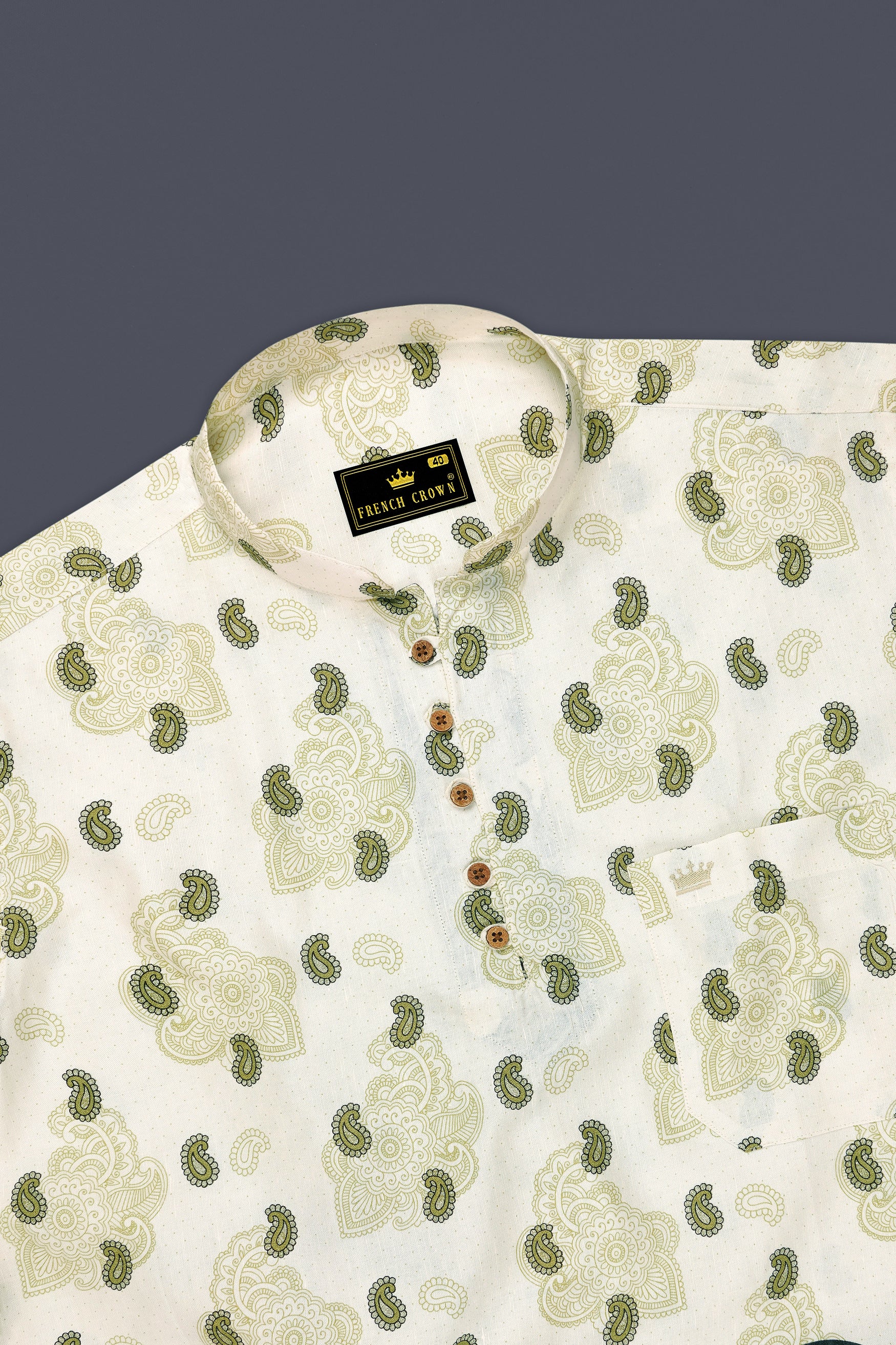 Paisano-Spring Cream And Husk Green Paisley Printed Luxurious Linen Casual Shirt