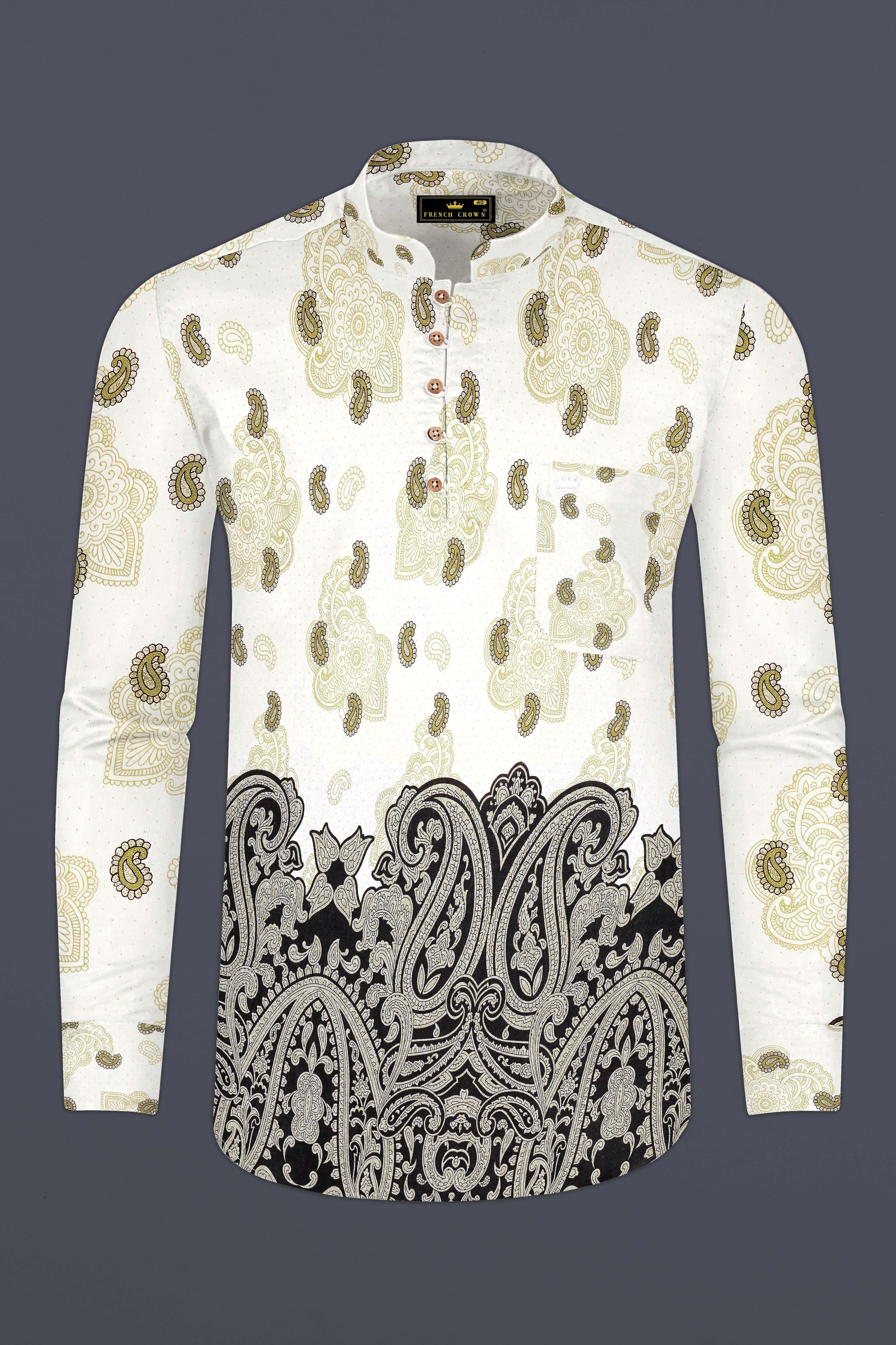 Paisano-Spring Cream And Husk Green Paisley Printed Luxurious Linen Casual Shirt