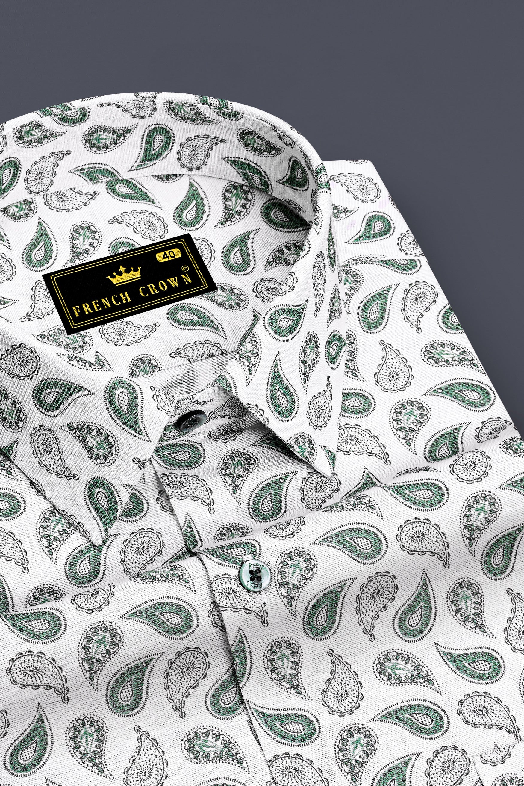Viridian-Bright White And Viridian Green Paisley Printed Luxurious Linen Semi Formal Shirt