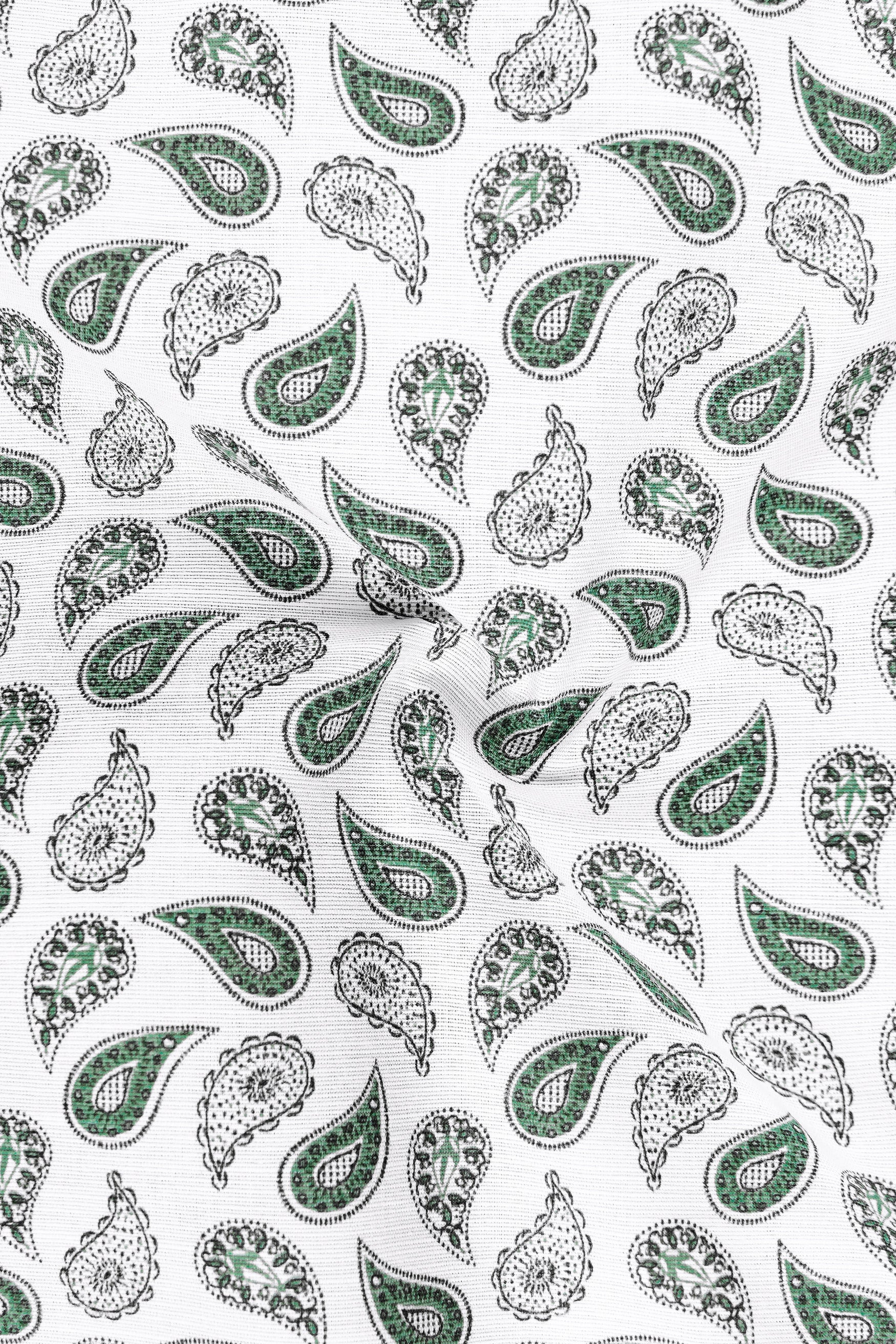 Viridian-Bright White And Viridian Green Paisley Printed Luxurious Linen Semi Formal Shirt