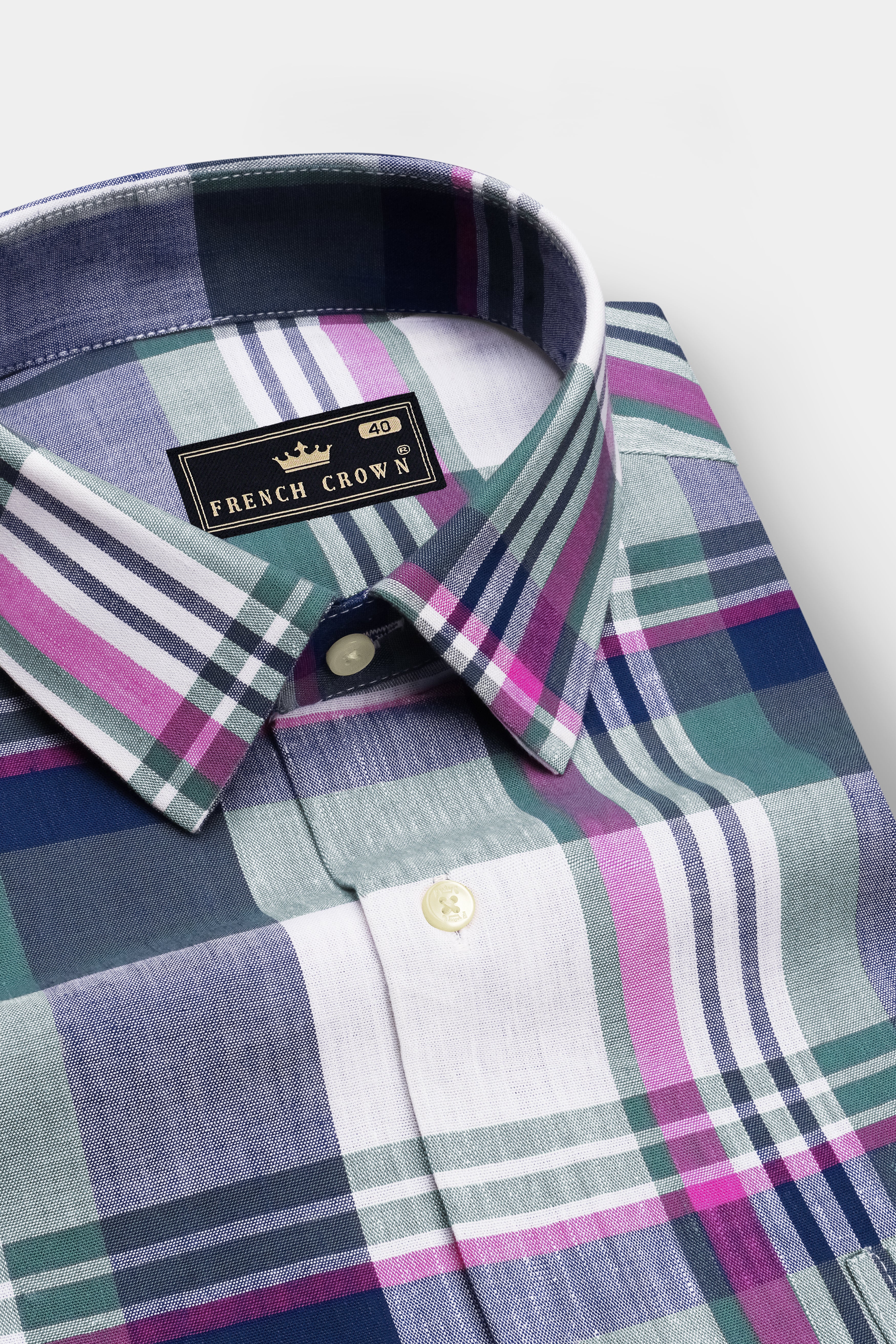 Meadow-Mineral Green And Bright White Plaid Luxurious Linen Casual Shirt