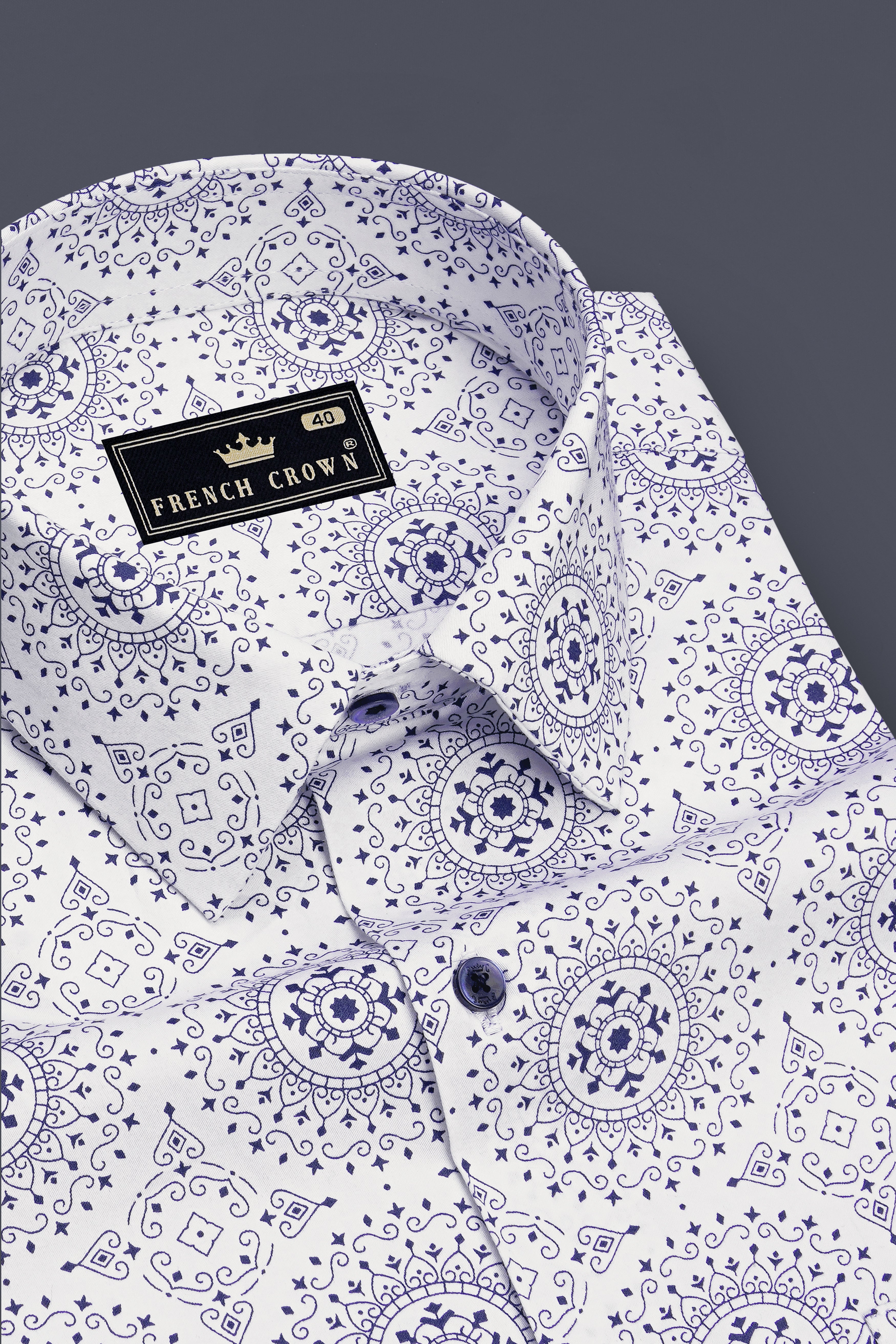 Majestic-Bright White And Midnight Blue Medallion Printed Subtle Sheen Super Soft Premium Cotton Semi Formal Shirt
