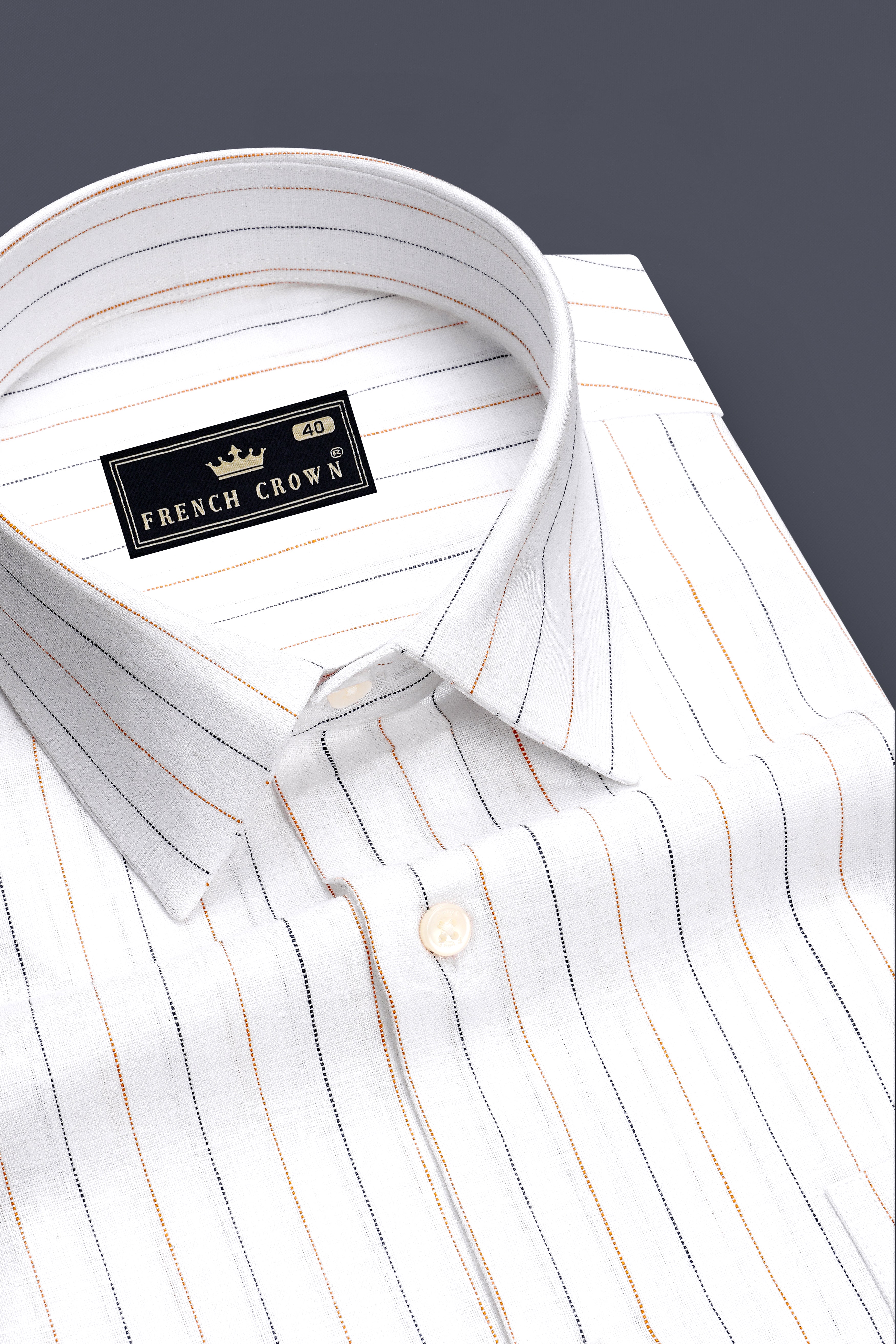 Ignite-Bright White And Fuel Orange Pin Striped 100% Pure Luxurious Linen Dress Shirt