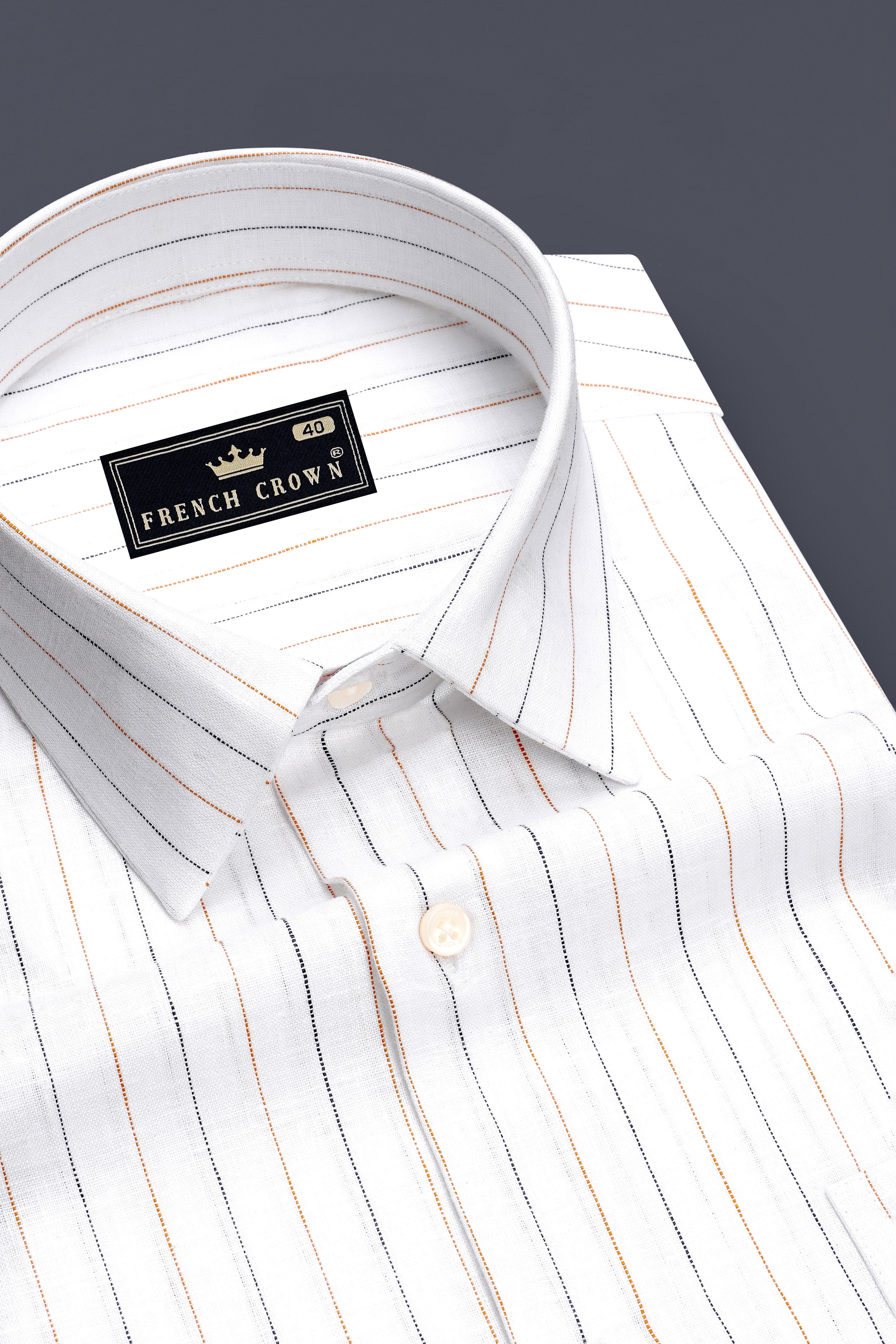 Ignite-Bright White And Fuel Orange Pin Striped 100% Pure Luxurious Linen Dress Shirt