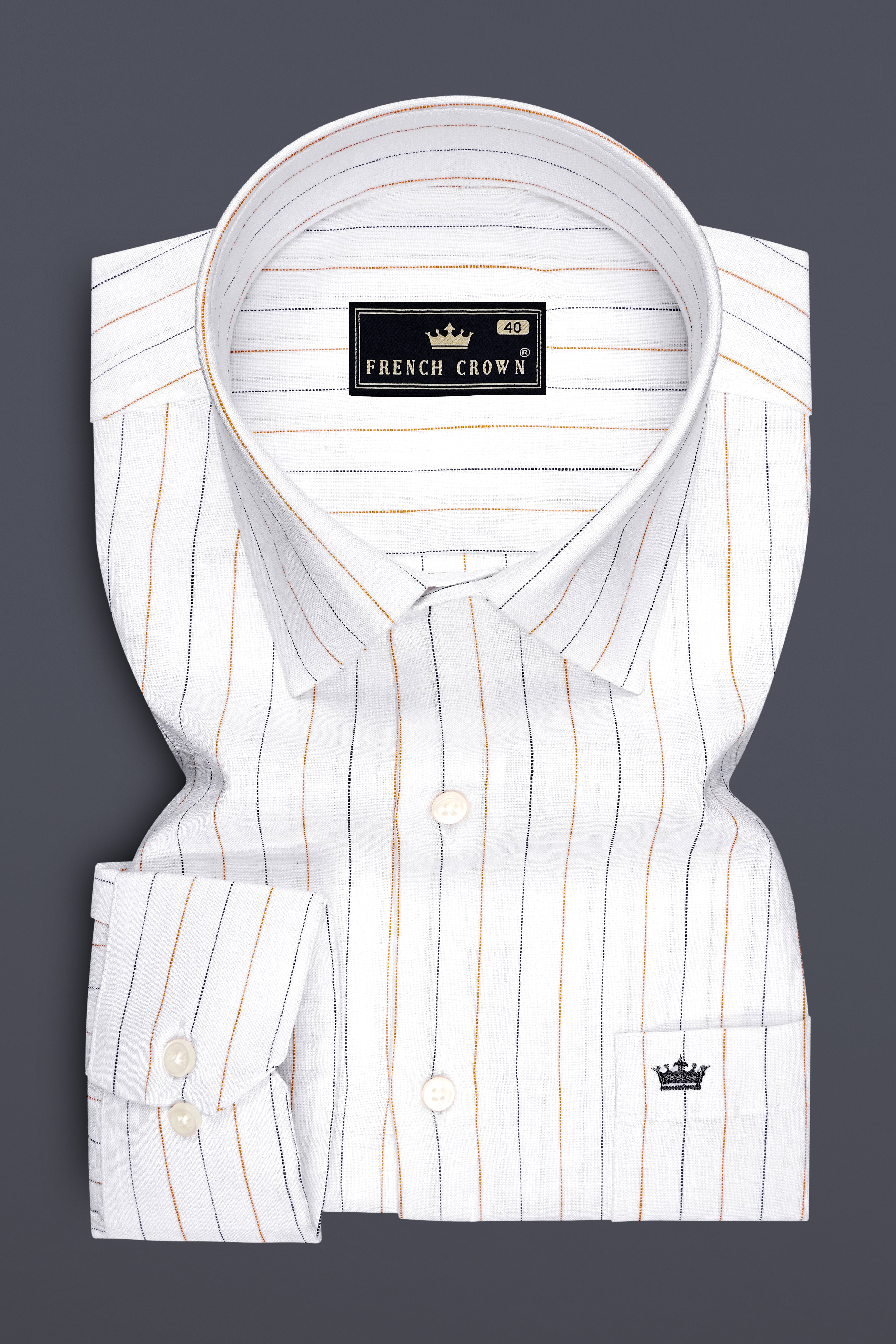 Ignite-Bright White And Fuel Orange Pin Striped 100% Pure Luxurious Linen Dress Shirt