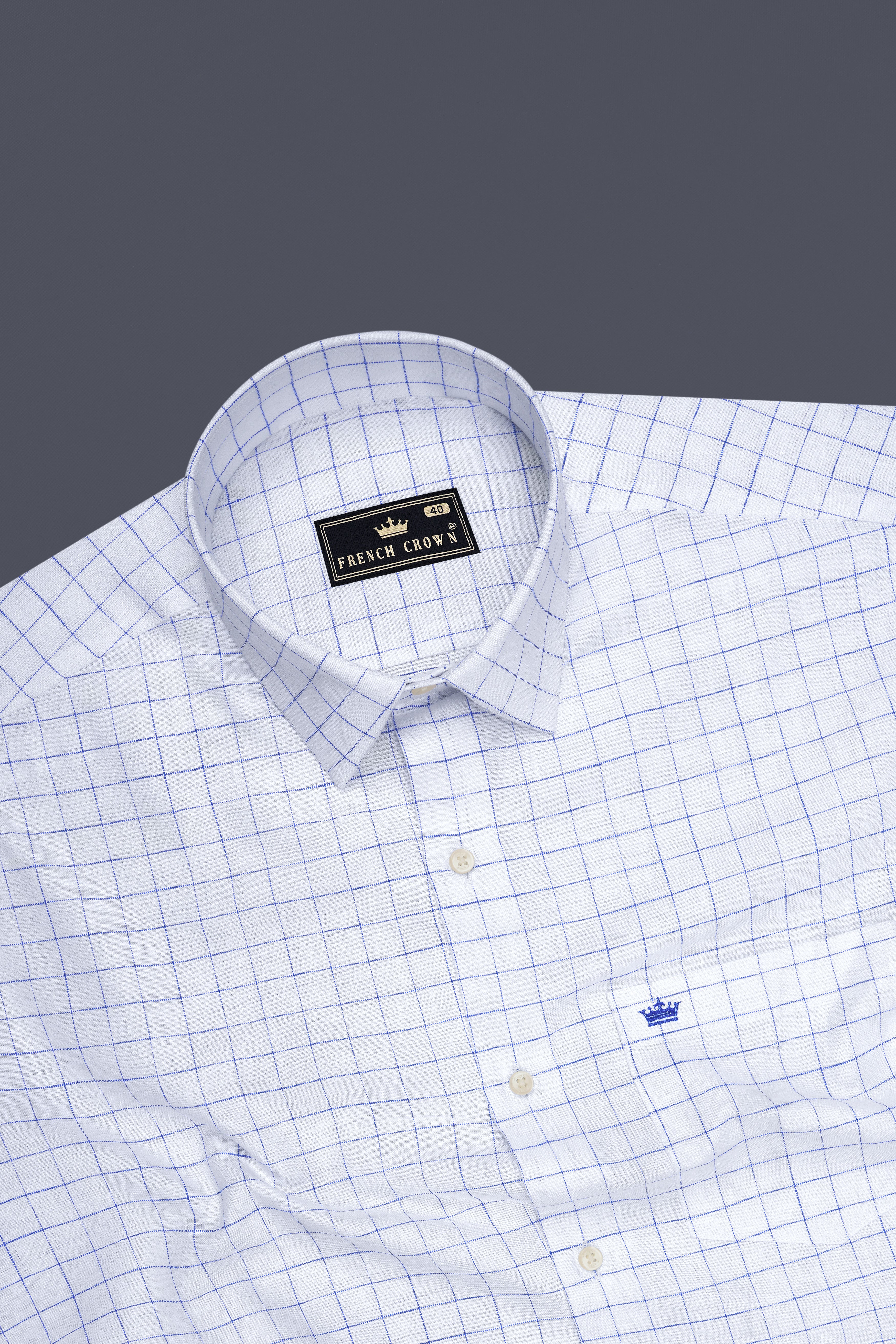 Lumen-Bright White And Periwinkle Blue Windowpane Luxurious Linen Dress Shirt