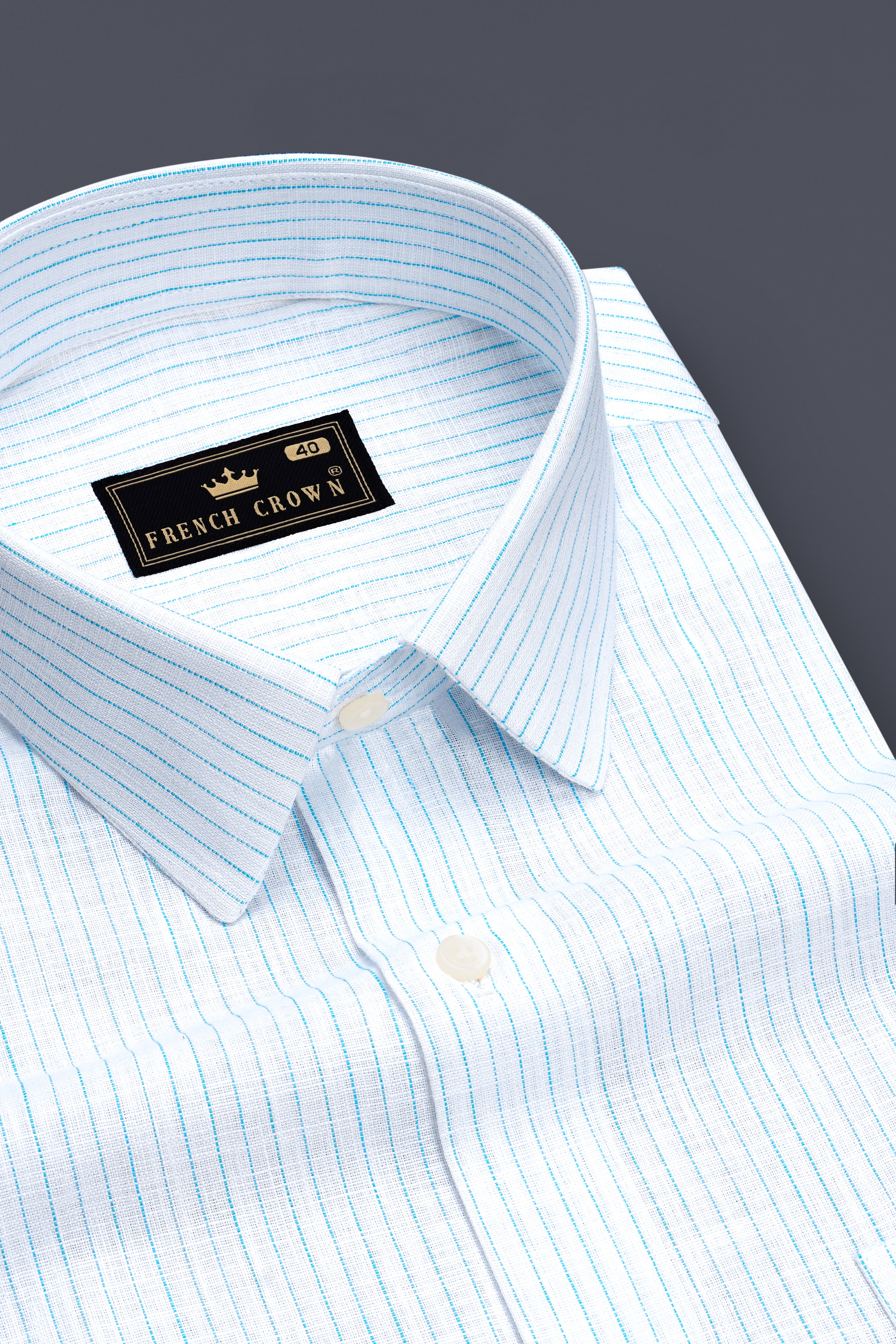 Marina-Bright White And Turquoise Blue Pin Striped Luxurious Linen Dress Shirt