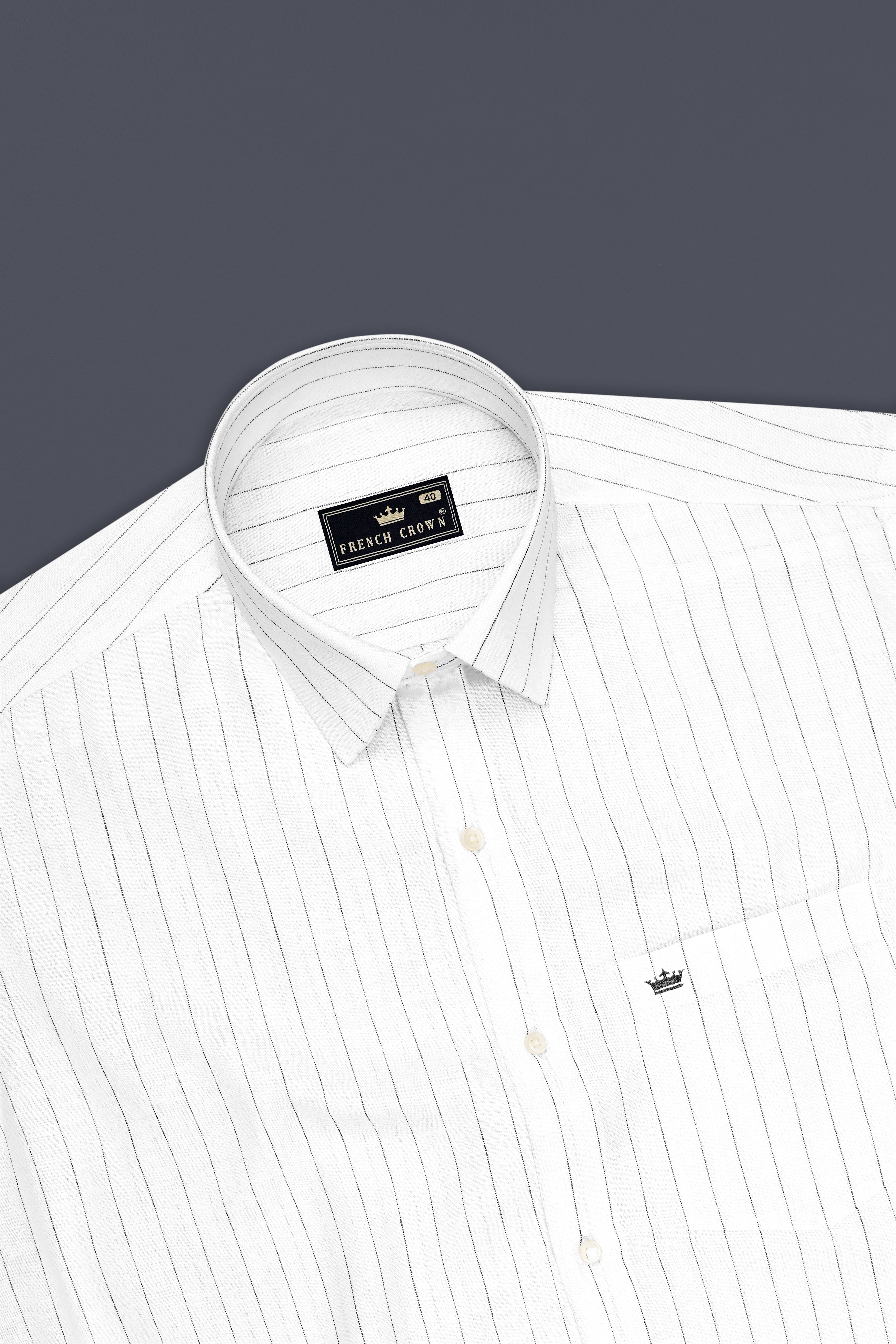 Striata-Bright White And Stack Gray Pin Striped 100% Pure Luxurious Linen Dress Shirt