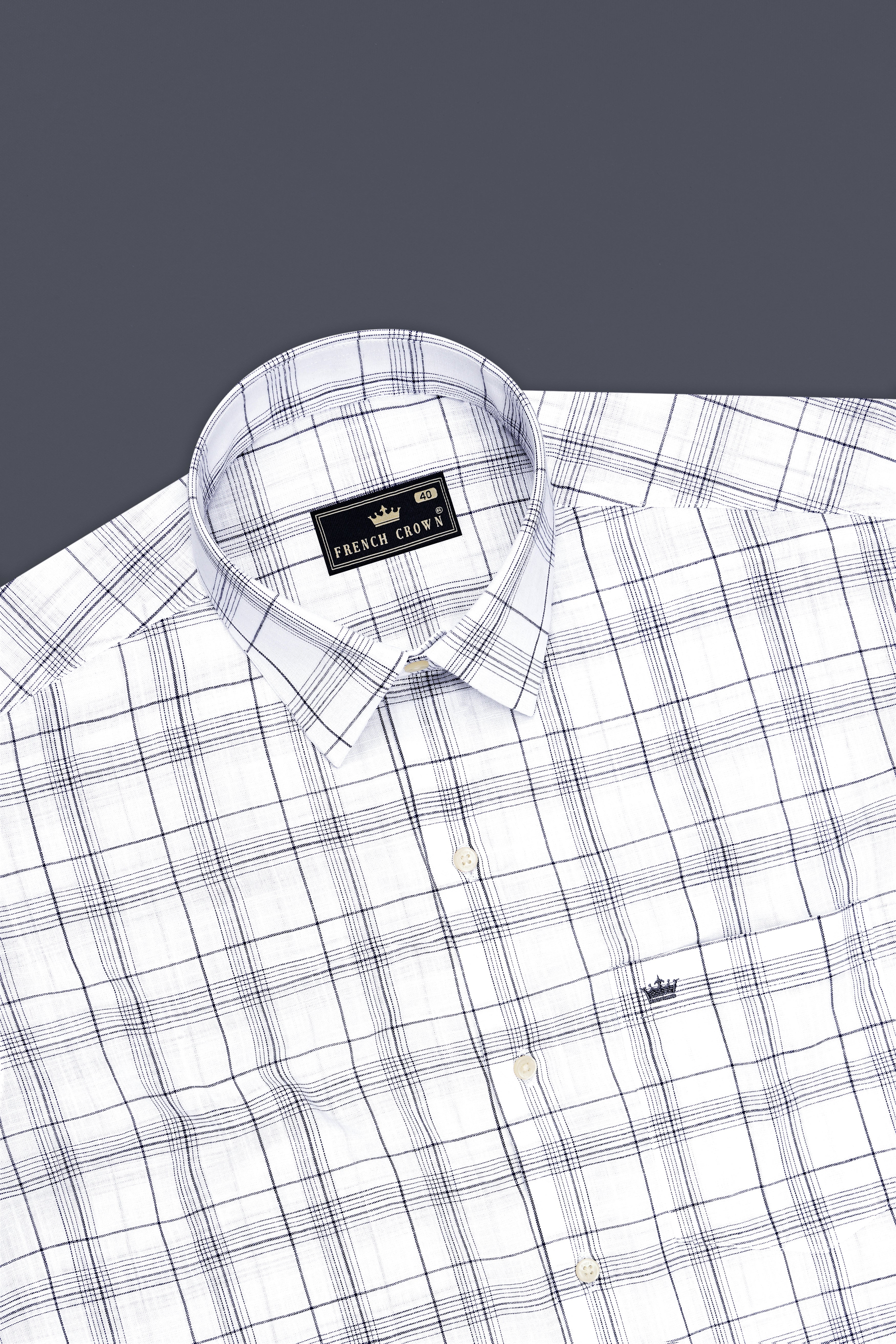 Azure-Bright White And Ebony Blue Plaid Luxurious Linen Dress Shirt