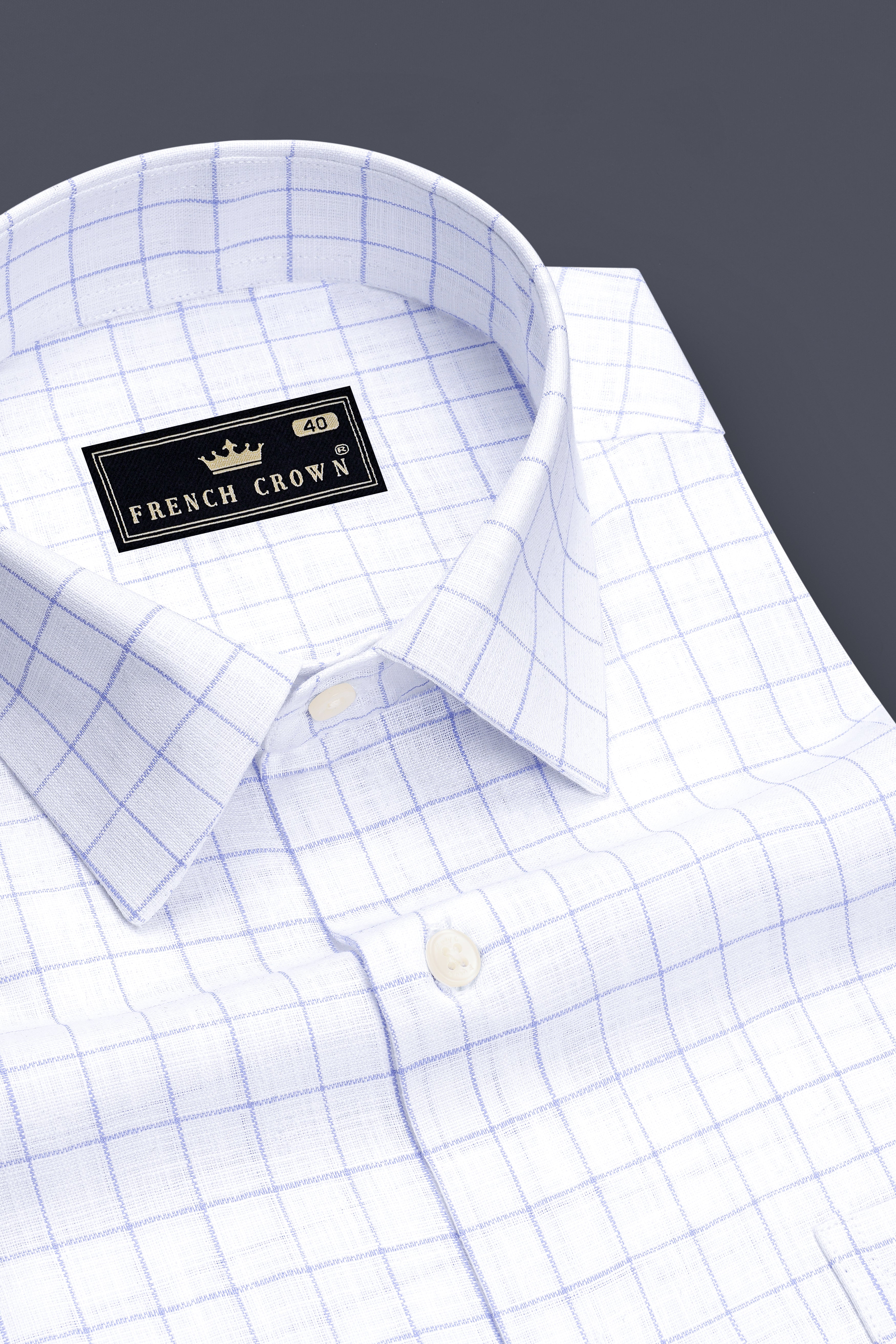 Verve-Bright White And Carolina Blue Windowpane 100% Pure Luxurious Linen Dress Shirt