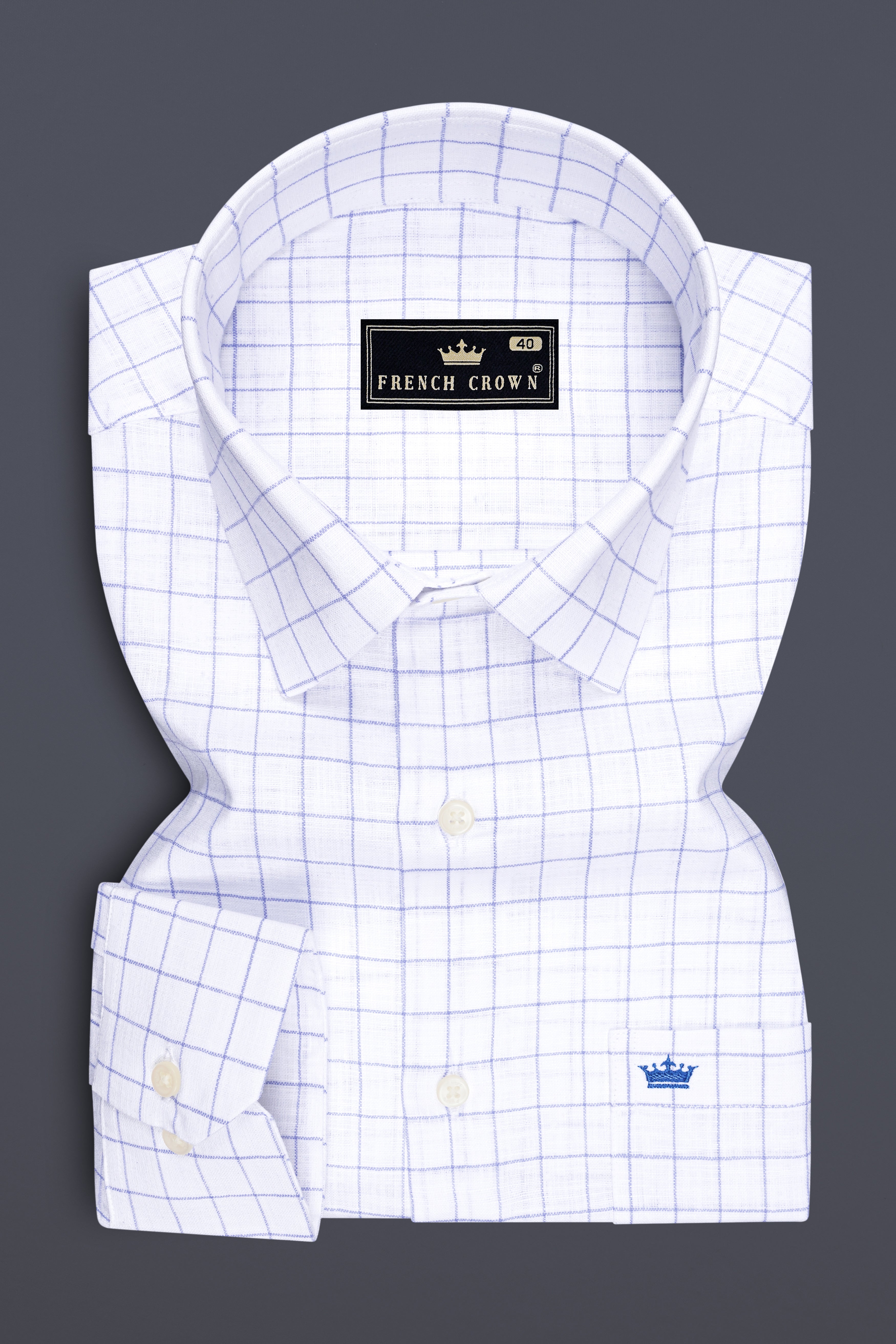 Verve-Bright White And Carolina Blue Windowpane 100% Pure Luxurious Linen Dress Shirt