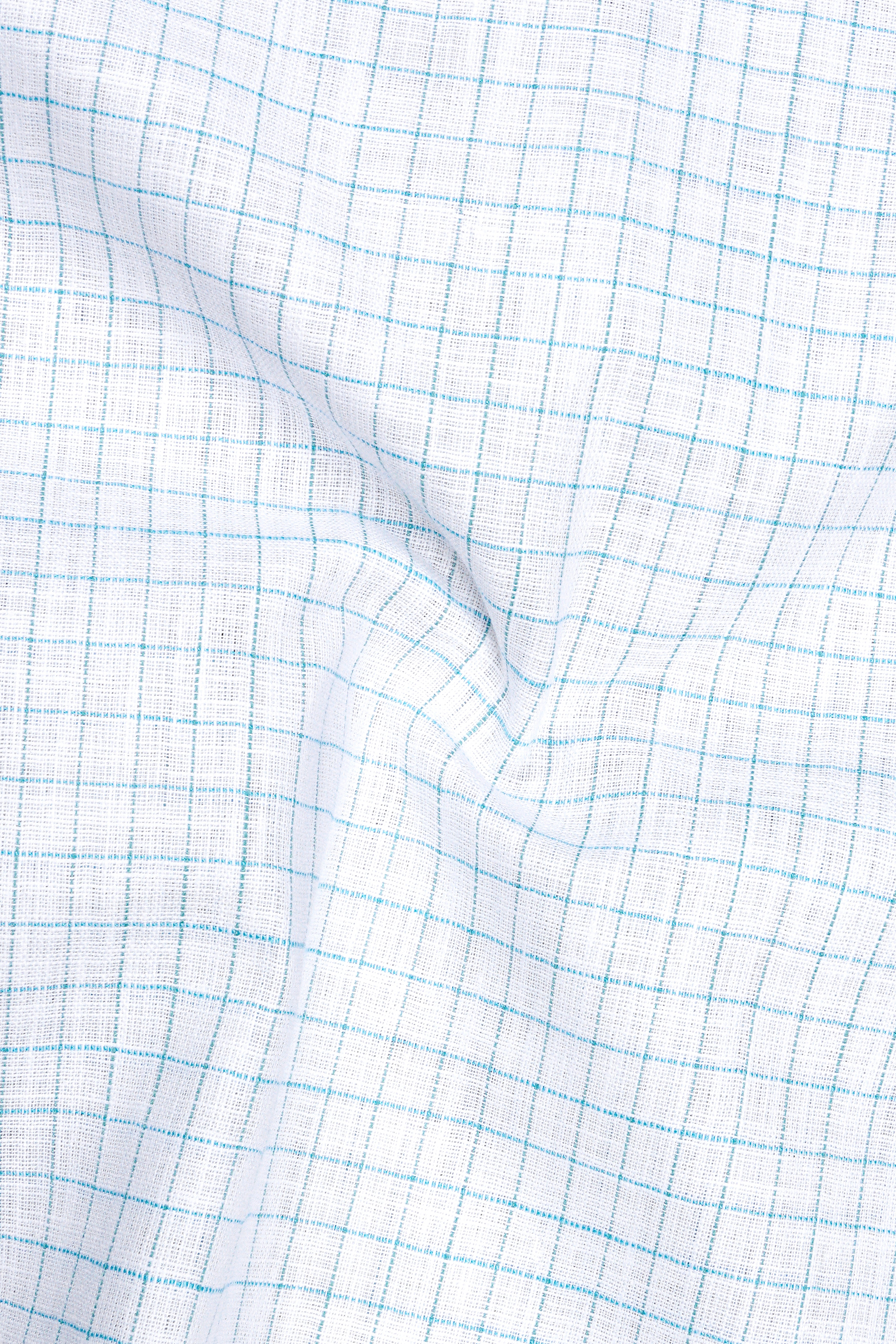 Zephyr-Bright White And Aquamarine Blue Windowpane Luxurious Linen Dress Shirt