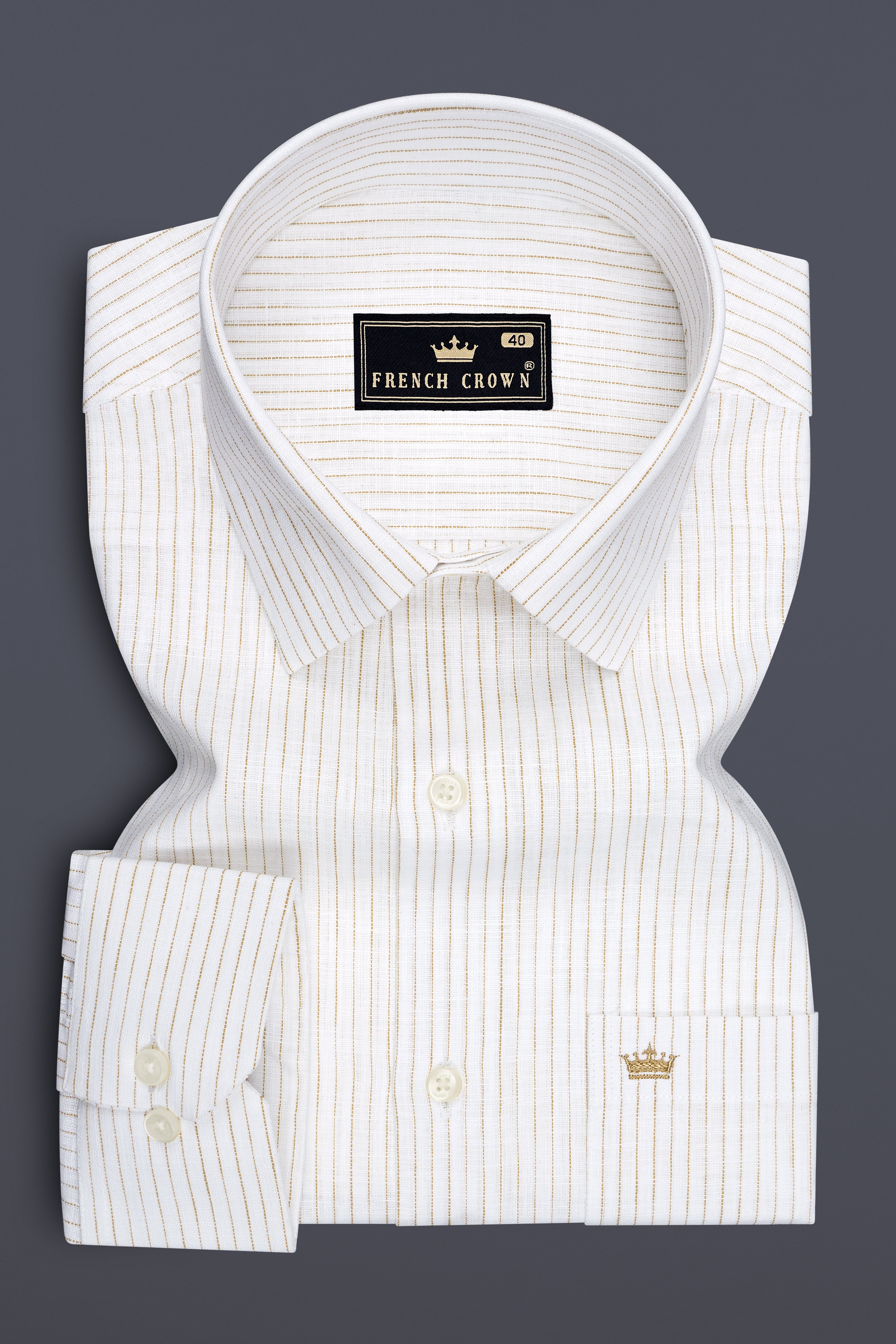 Oasis-Bright White And Sandy Brown Pin Striped Luxurious Linen Dress Shirt