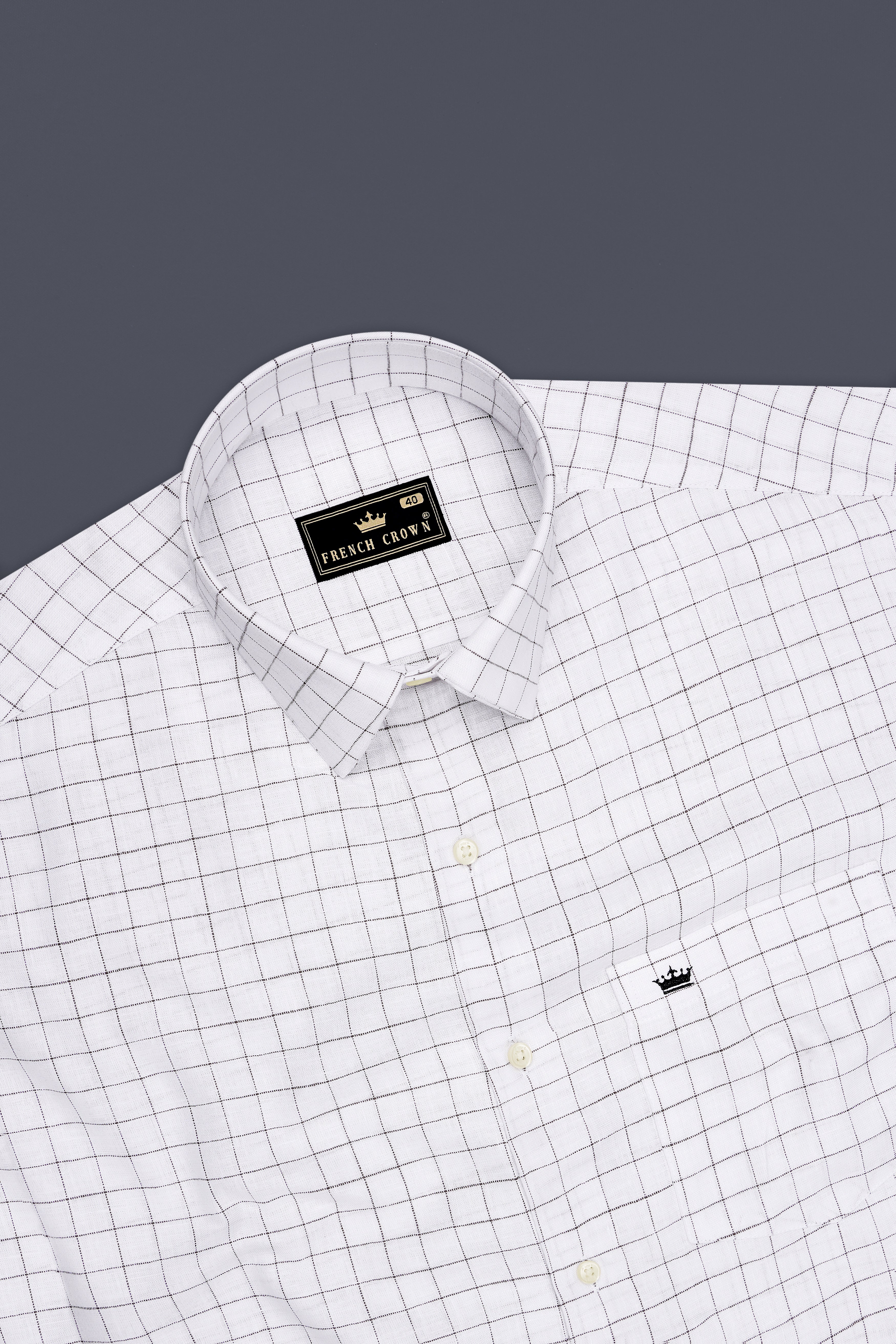 Horizon-Bright White And Woody Gray Windowpane 100% Pure Luxurious Linen Dress Shirt