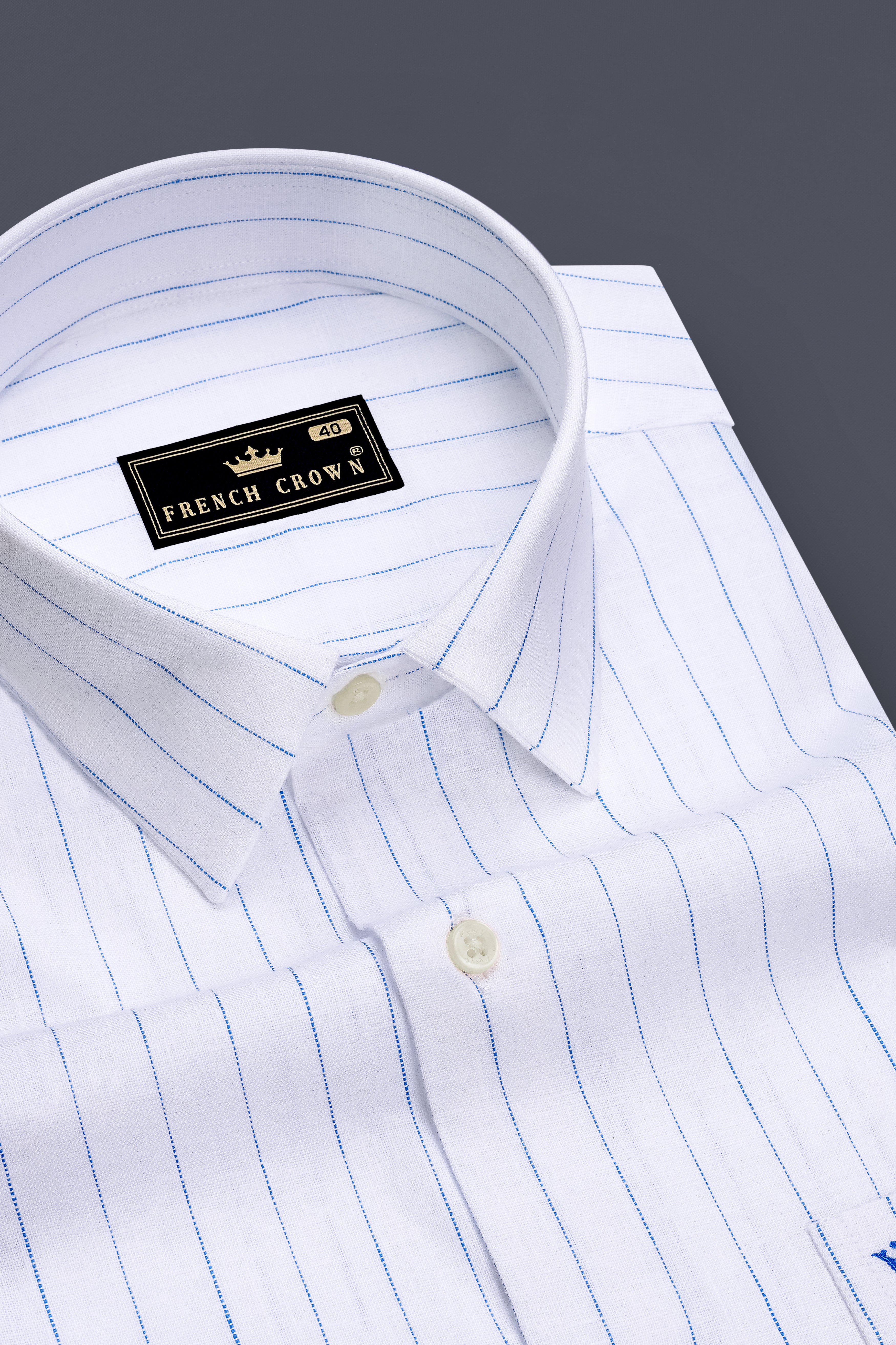 Nautica-Bright White And Mariner Blue Pin Striped 100% Pure Luxurious Linen Dress Shirt