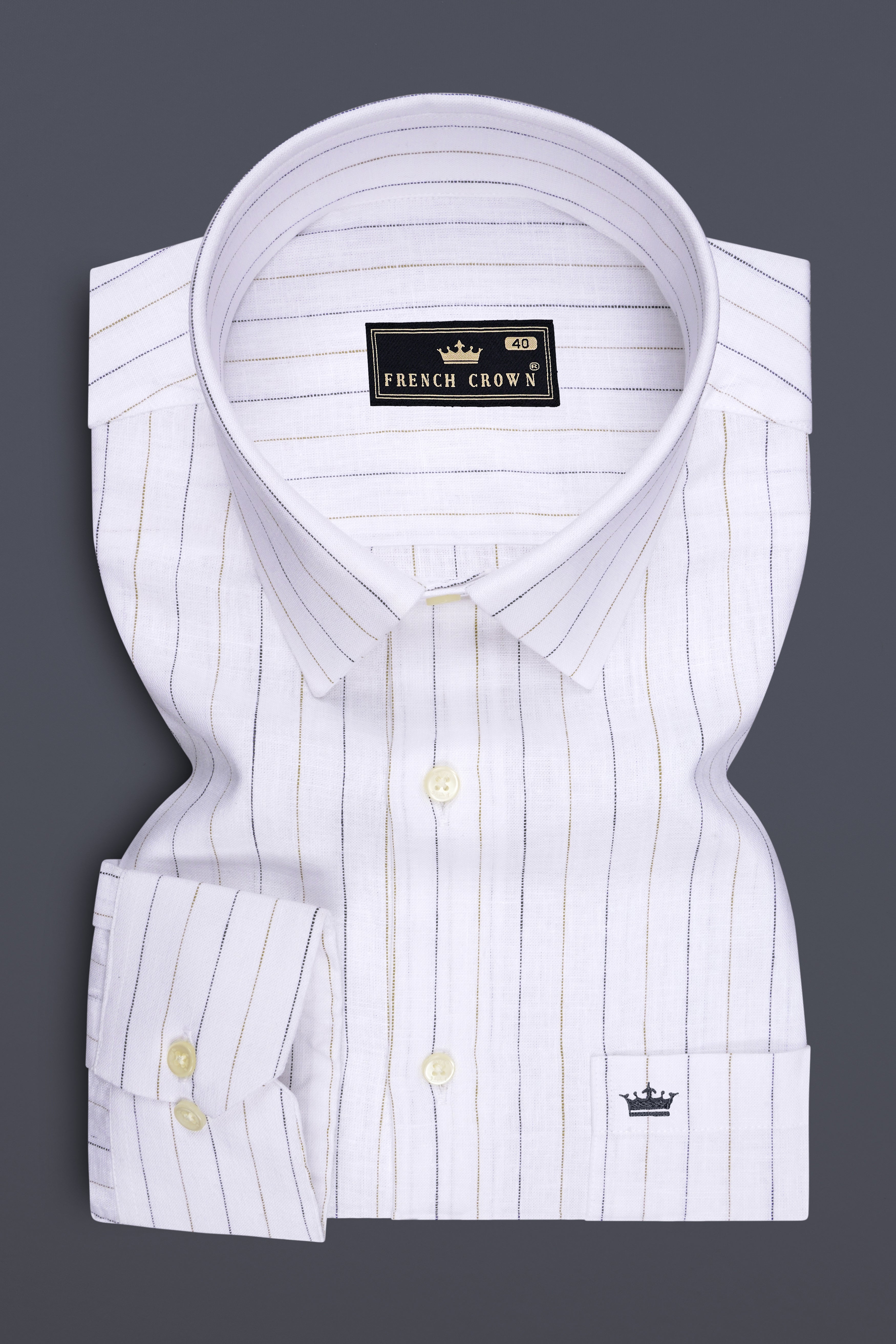 Solace-Bright White And Sandrift Brown Pin Striped 100% Pure Luxurious Linen Dress Shirt