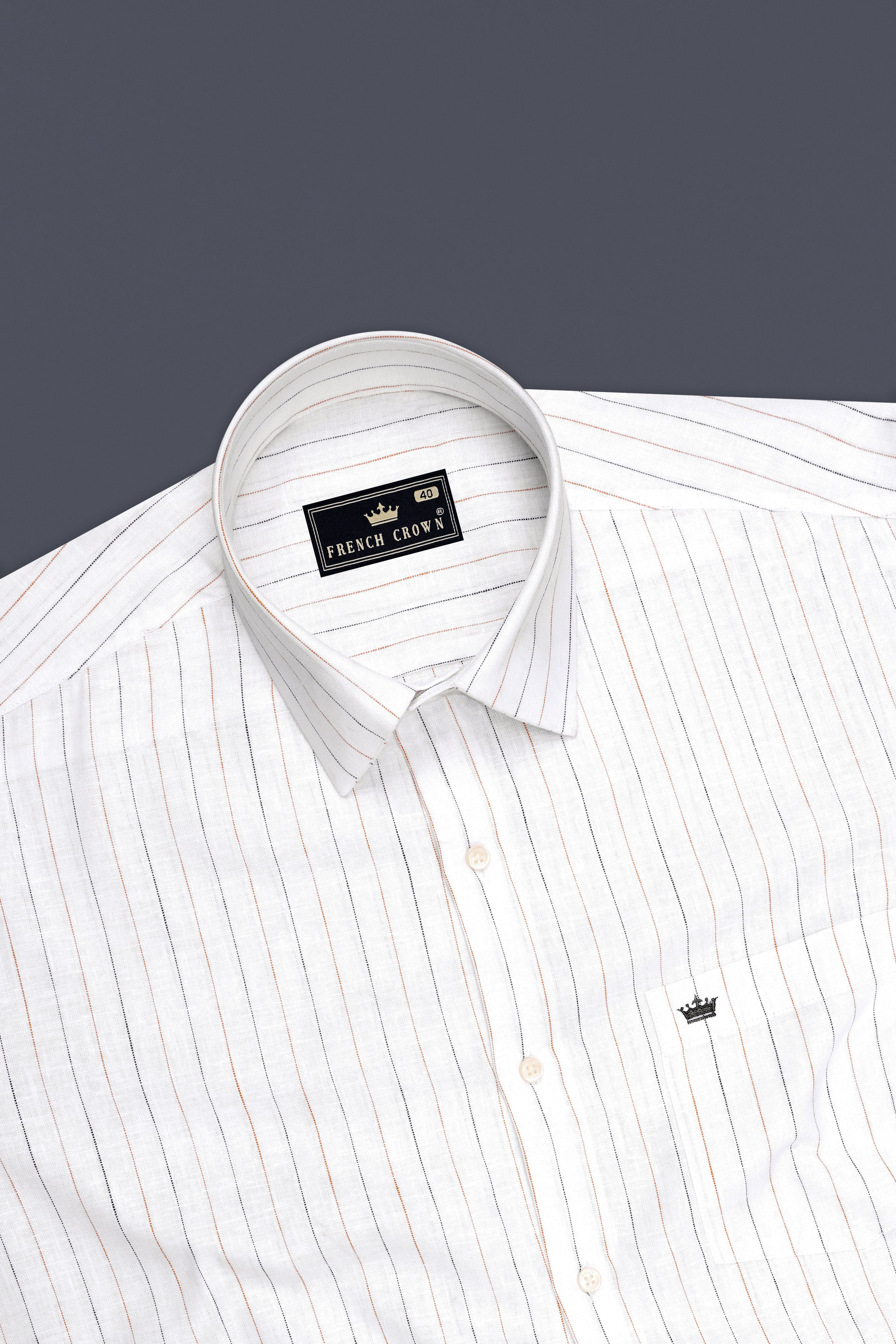Ignite-Bright White And Fuel Orange Pin Striped Pure Luxurious Linen Dress Shirt