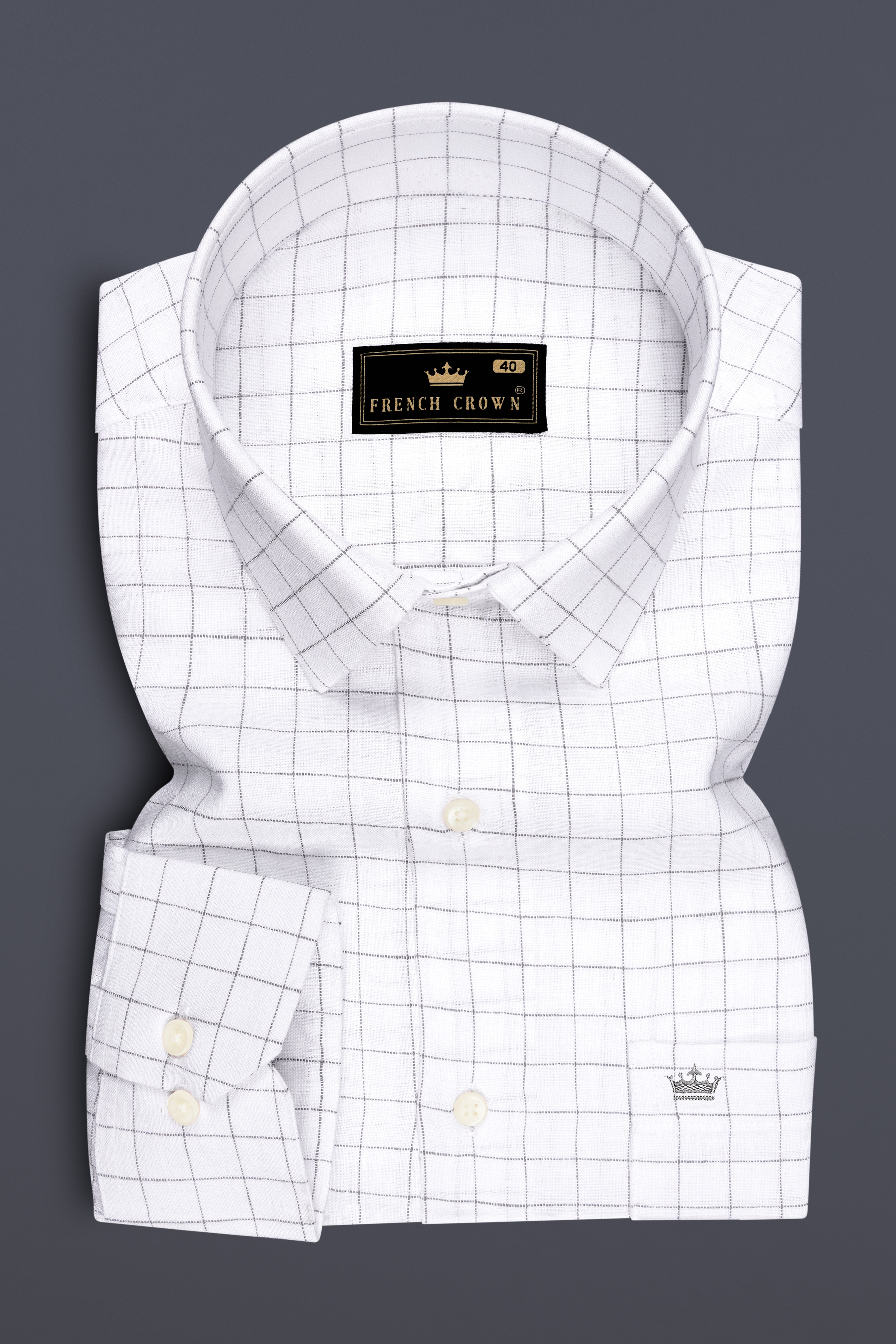 Lattice-Bright White And Chateau Gray Windowpane 100% Pure Luxurious Linen Dress Shirt