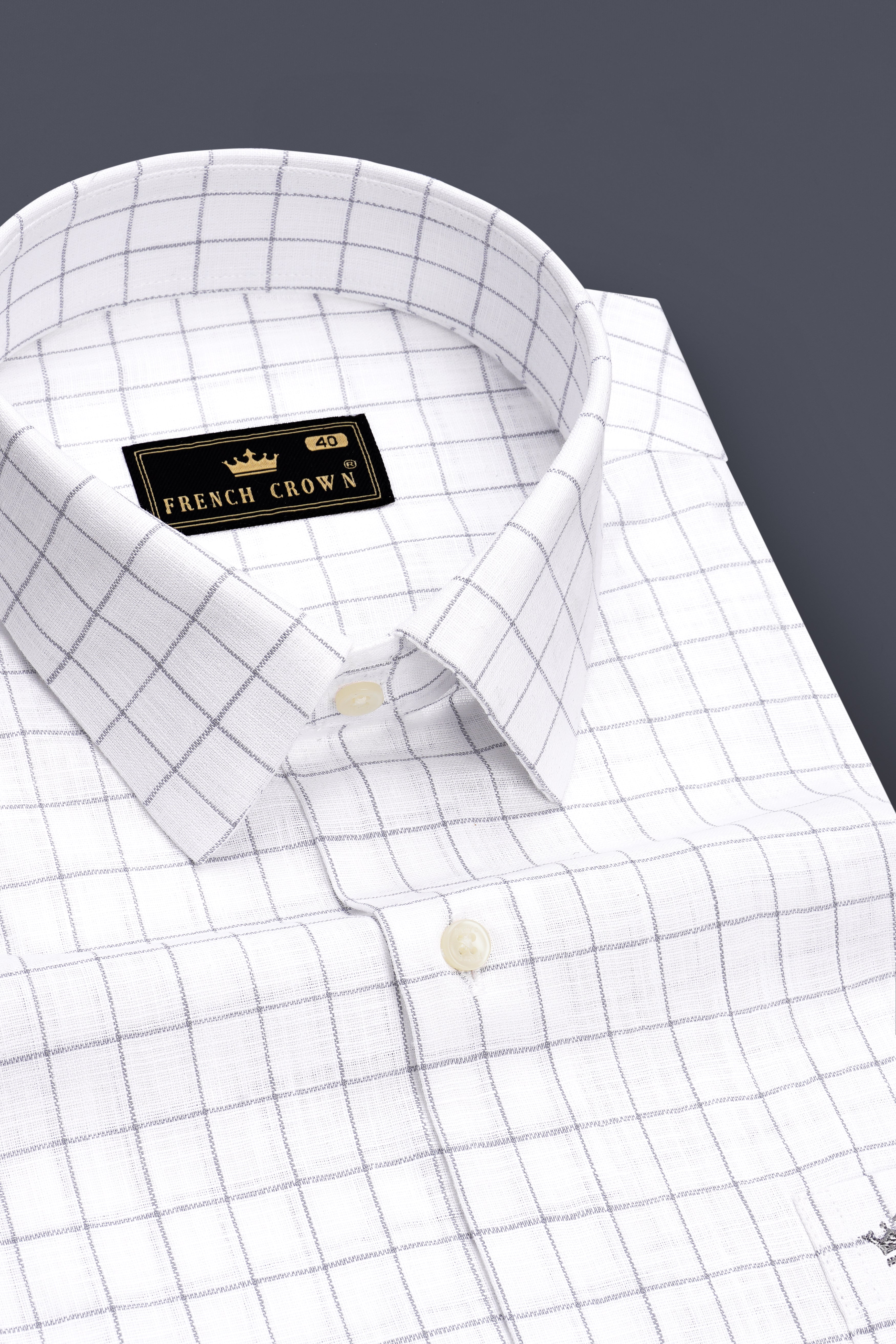 Aureum-Bright White And Bronco Gray Windowpane Luxurious Linen Dress Shirt