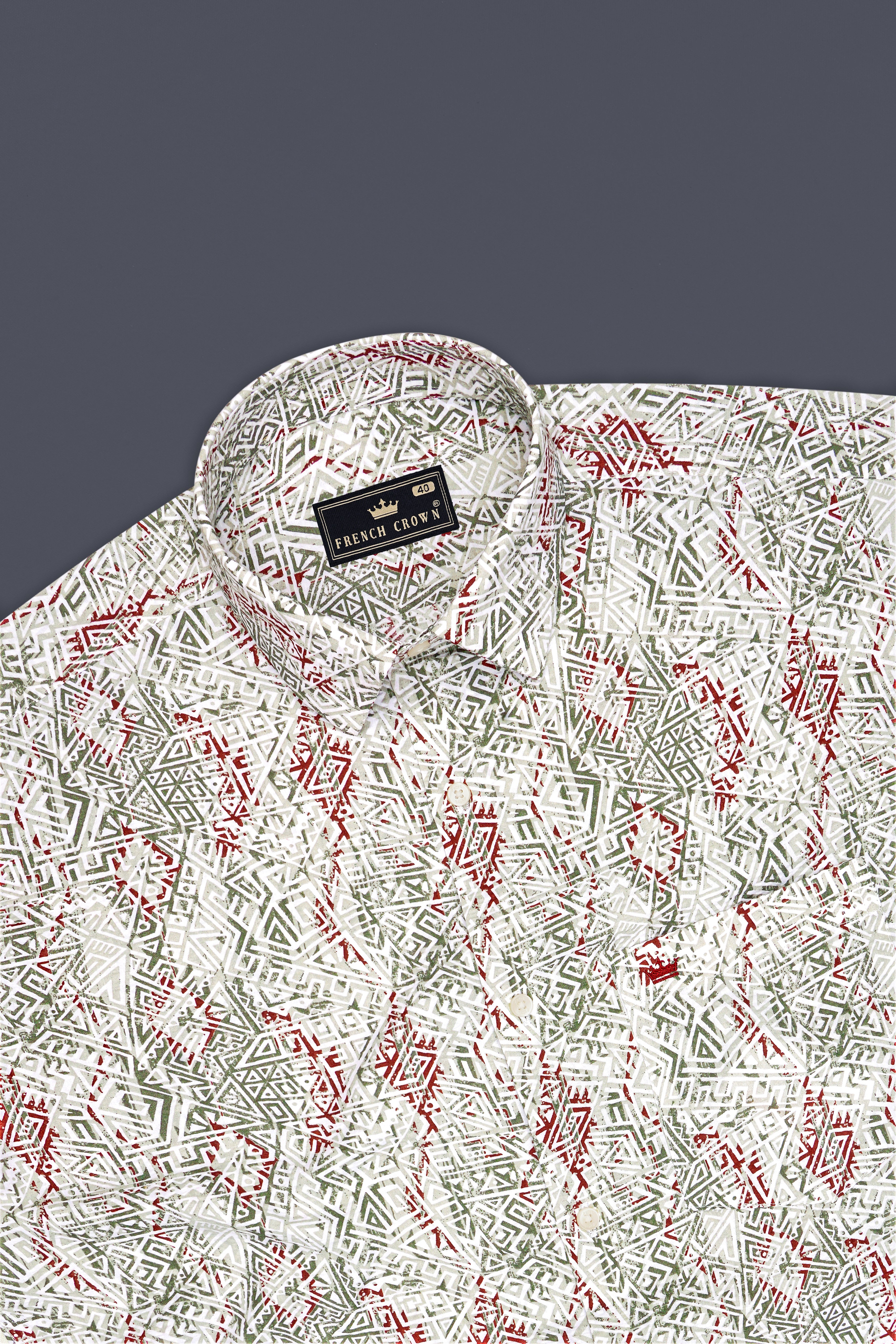 Solace-Marino Cream And Slate Green Printed Seersucker Giza Cotton Casual Shirt