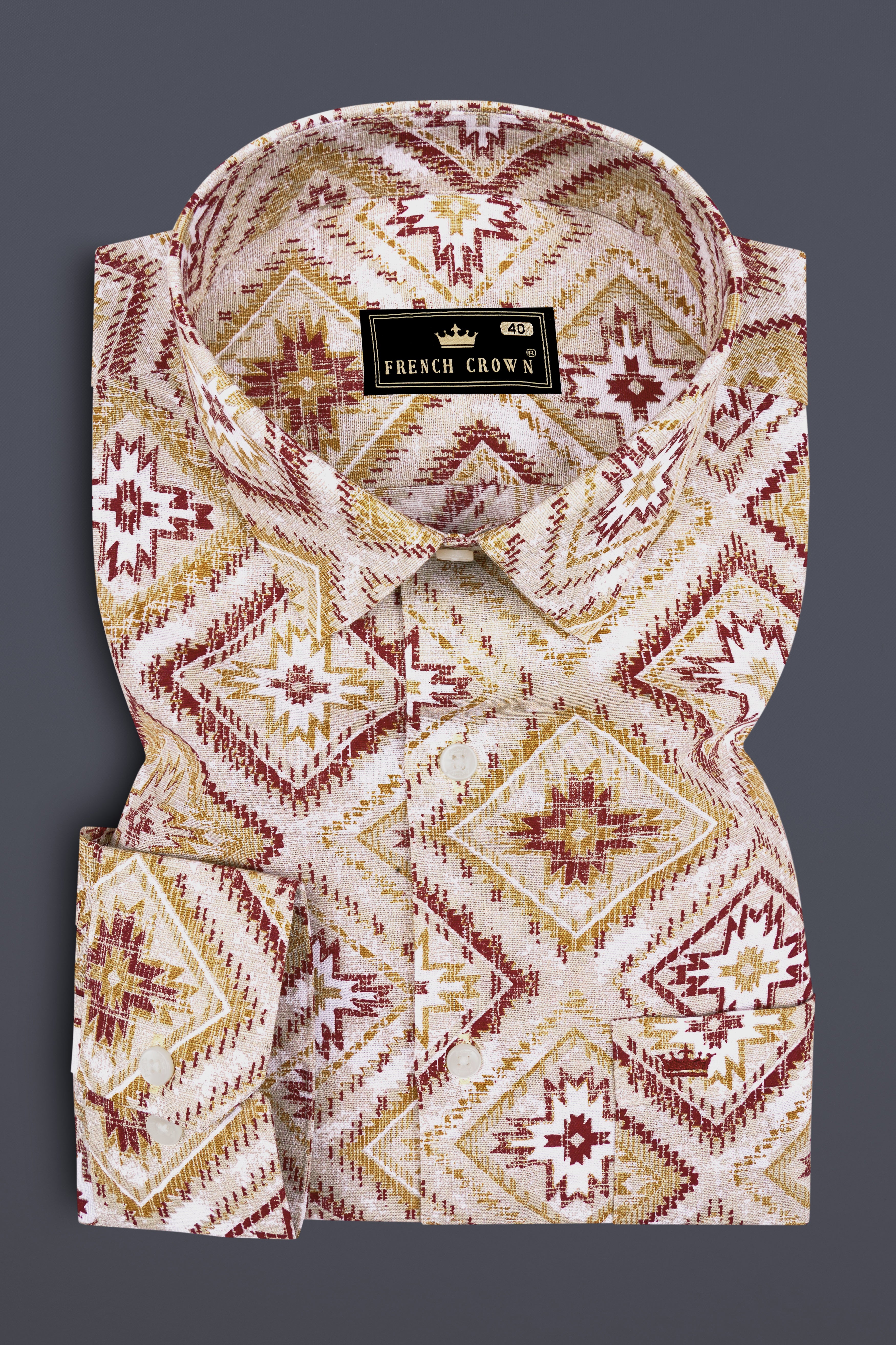 Vertex-Delta Cream And Redwood Maroon Geometric Printed Luxurious Linen Casual Shirt