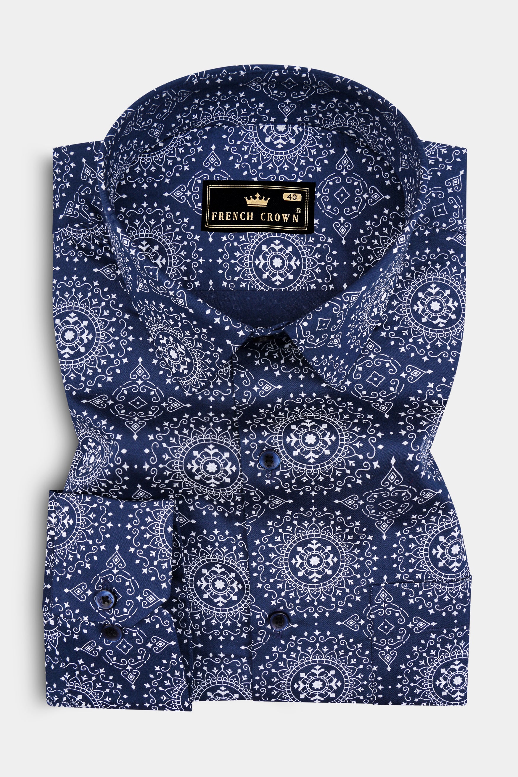 Mariner-Nile Blue And Bright White Medallion Bandana Printed Subtle Sheen Super Soft Premium Cotton Semi Formal Shirt