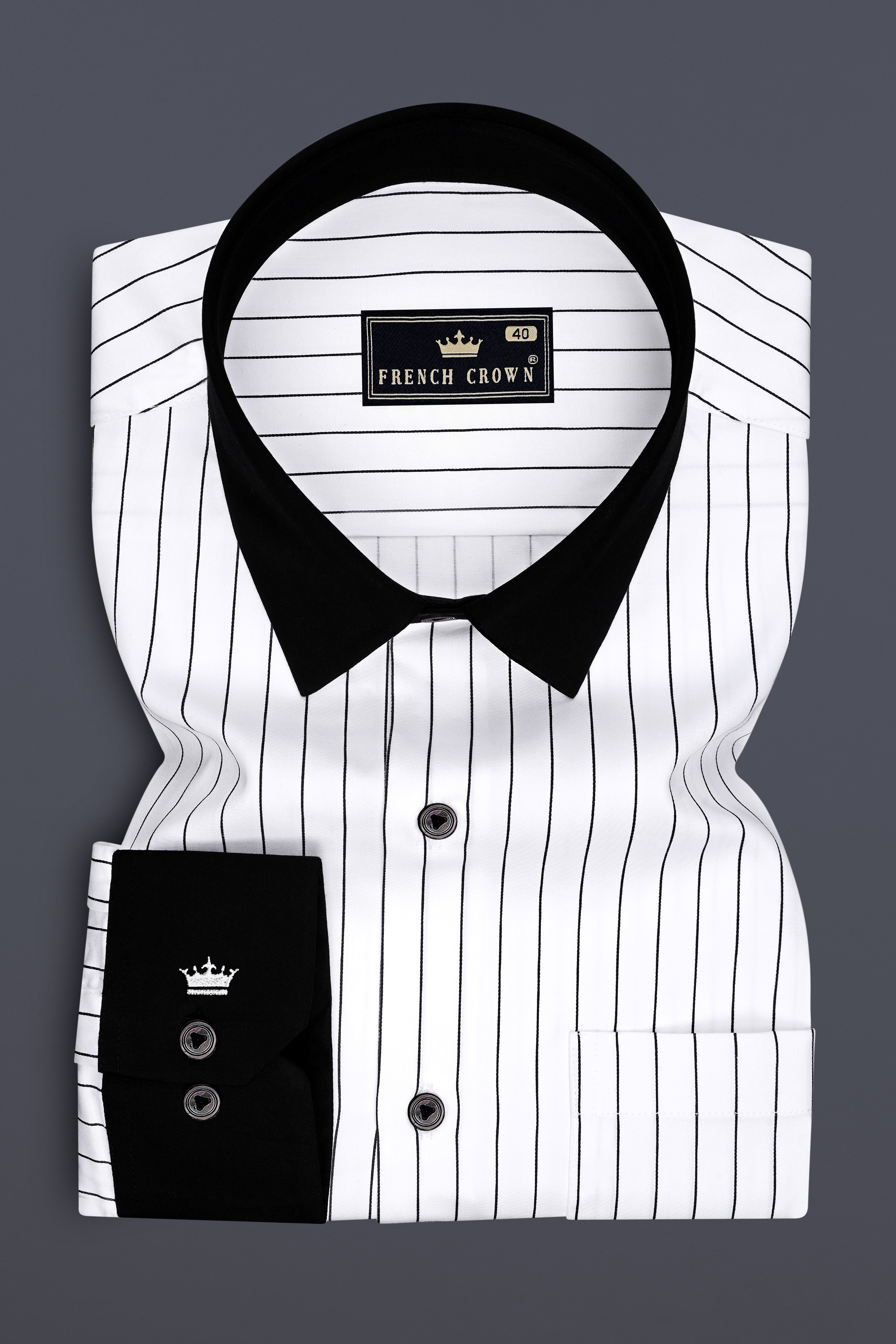 Aurum-Bright White And Jade Black Pin Striped Subtle Sheen Super Soft Premium Cotton Black Cuff Collar Dress Shirt