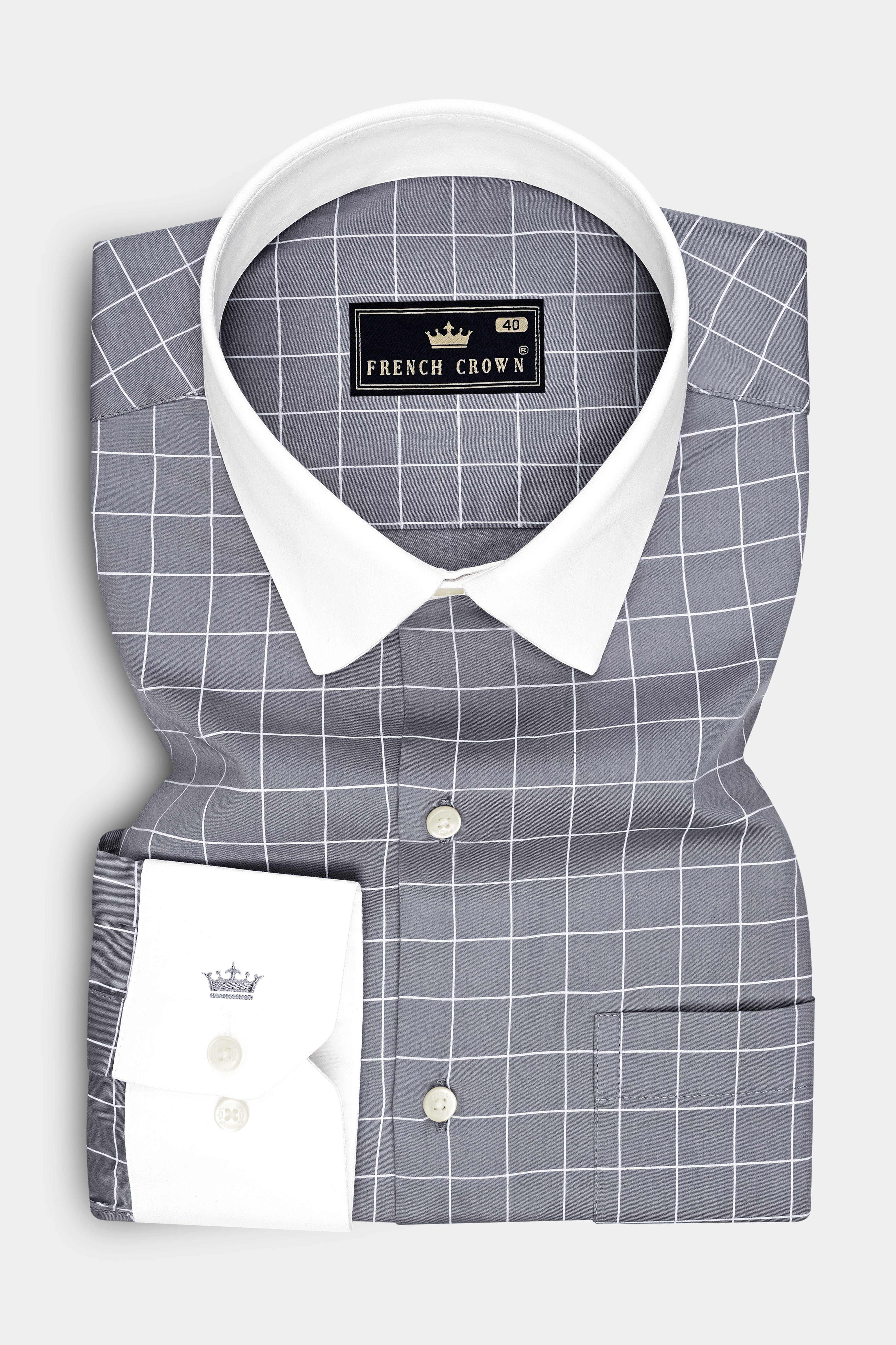 Slate-Raven Gray And Bright White Windowpane Subtle Sheen Super Soft Premium Cotton White Cuff Collar Dress Shirt