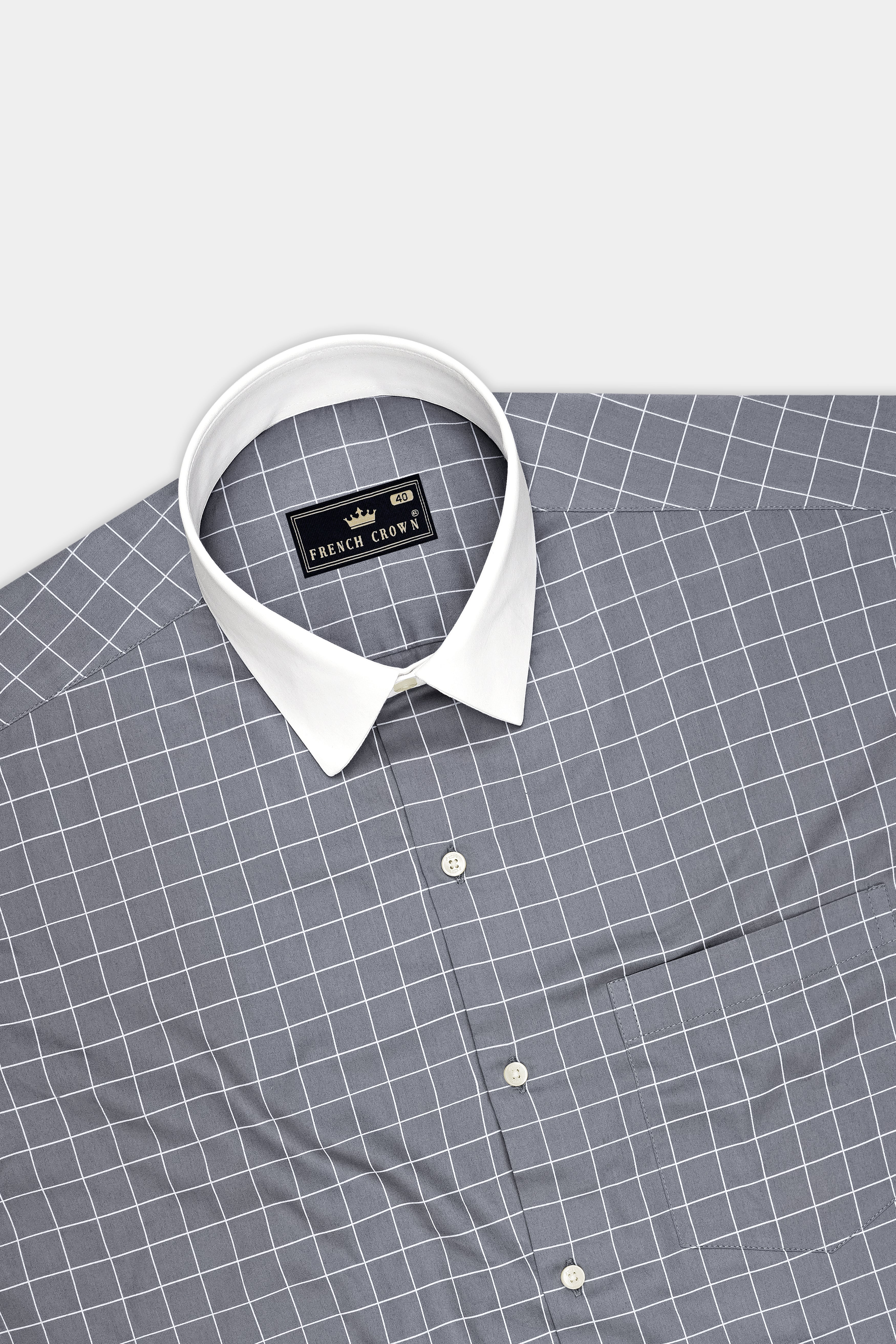 Slate-Raven Gray And Bright White Windowpane Subtle Sheen Super Soft Premium Cotton White Cuff Collar Dress Shirt