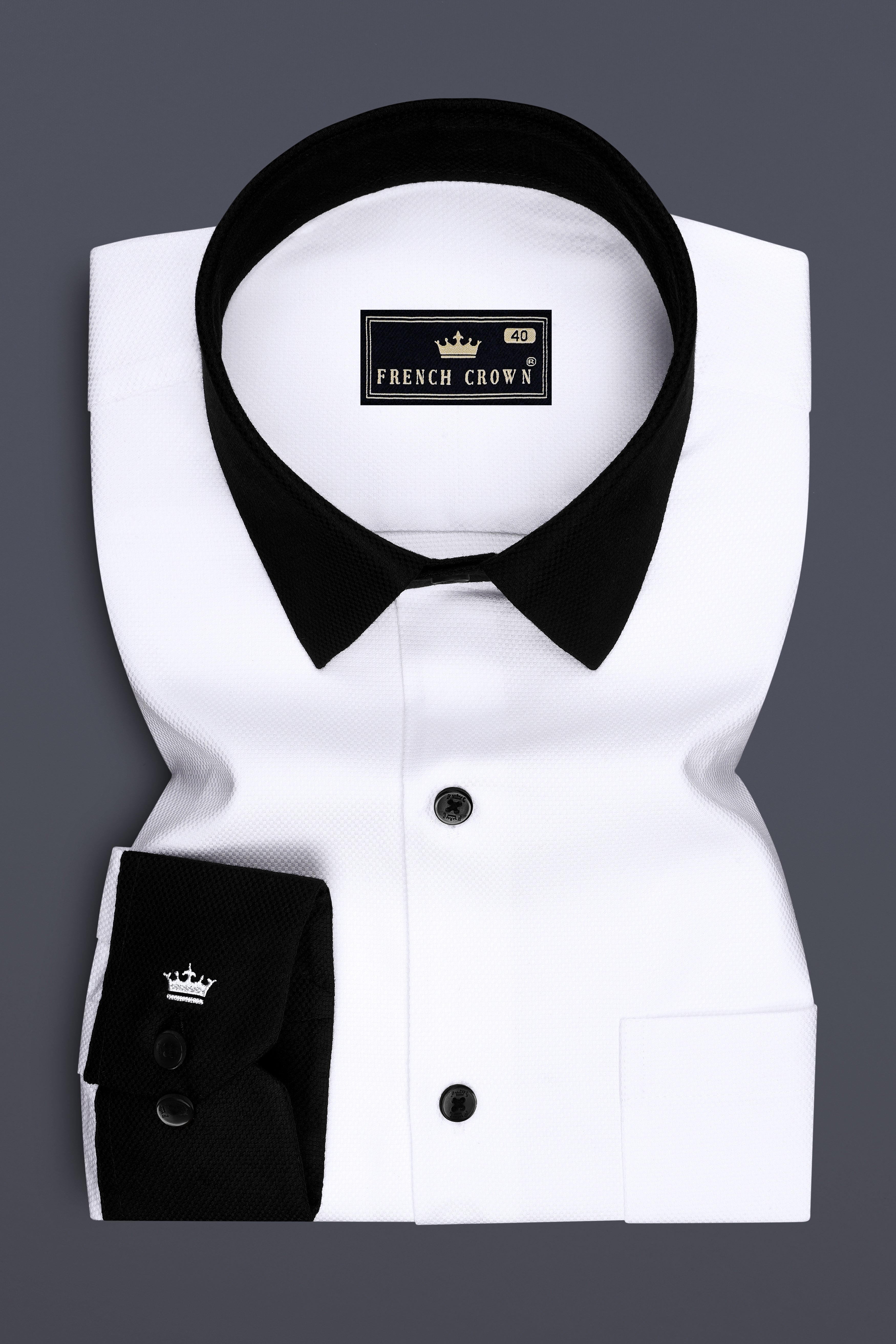Eminence-Bright White Dobby Textured Premium Giza Cotton Black Cuff Collar Dress Shirt