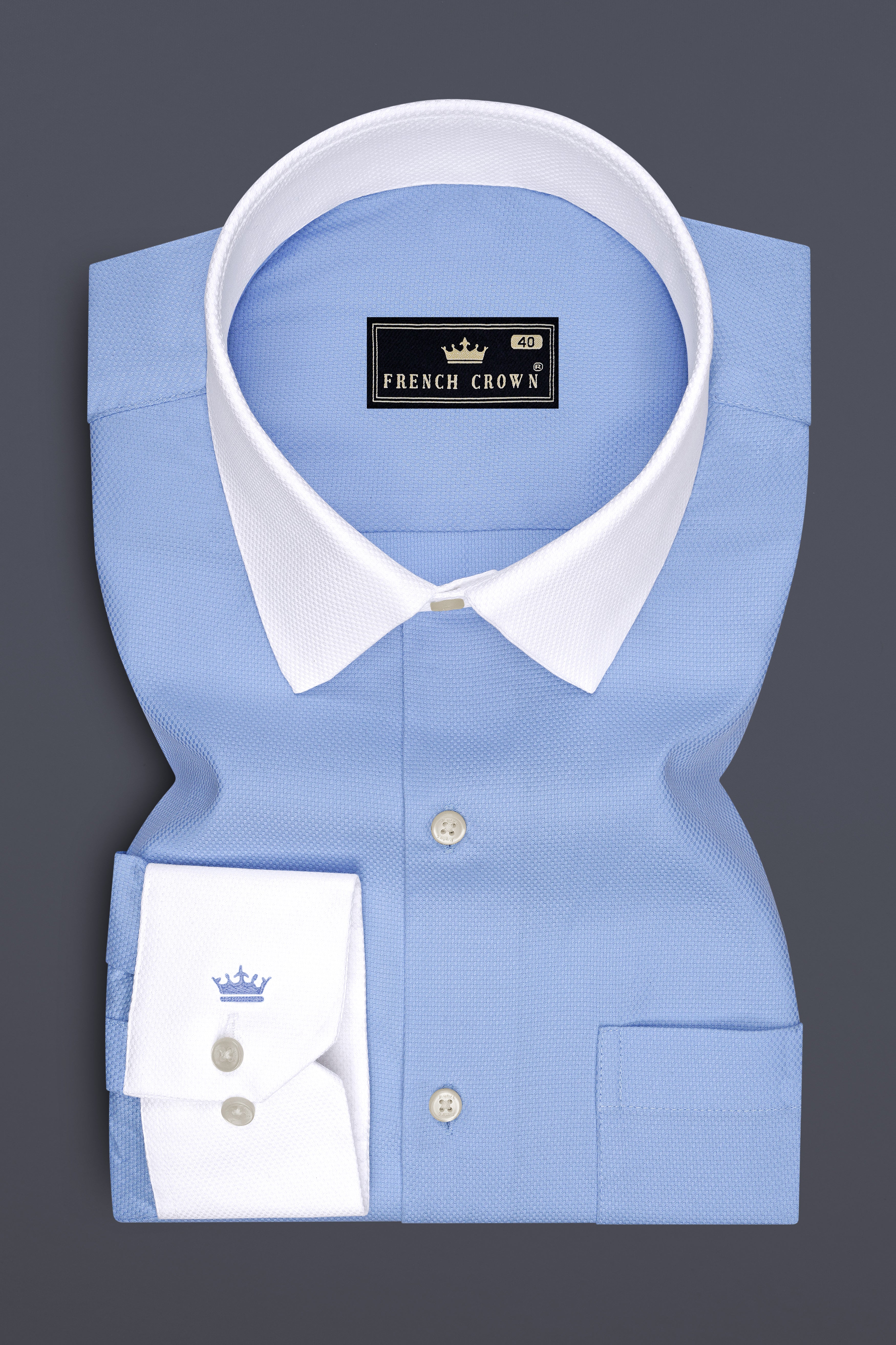 Sereno-Carolina Blue Dobby Textured Premium Giza Cotton White Cuff Collar Dress Shirt