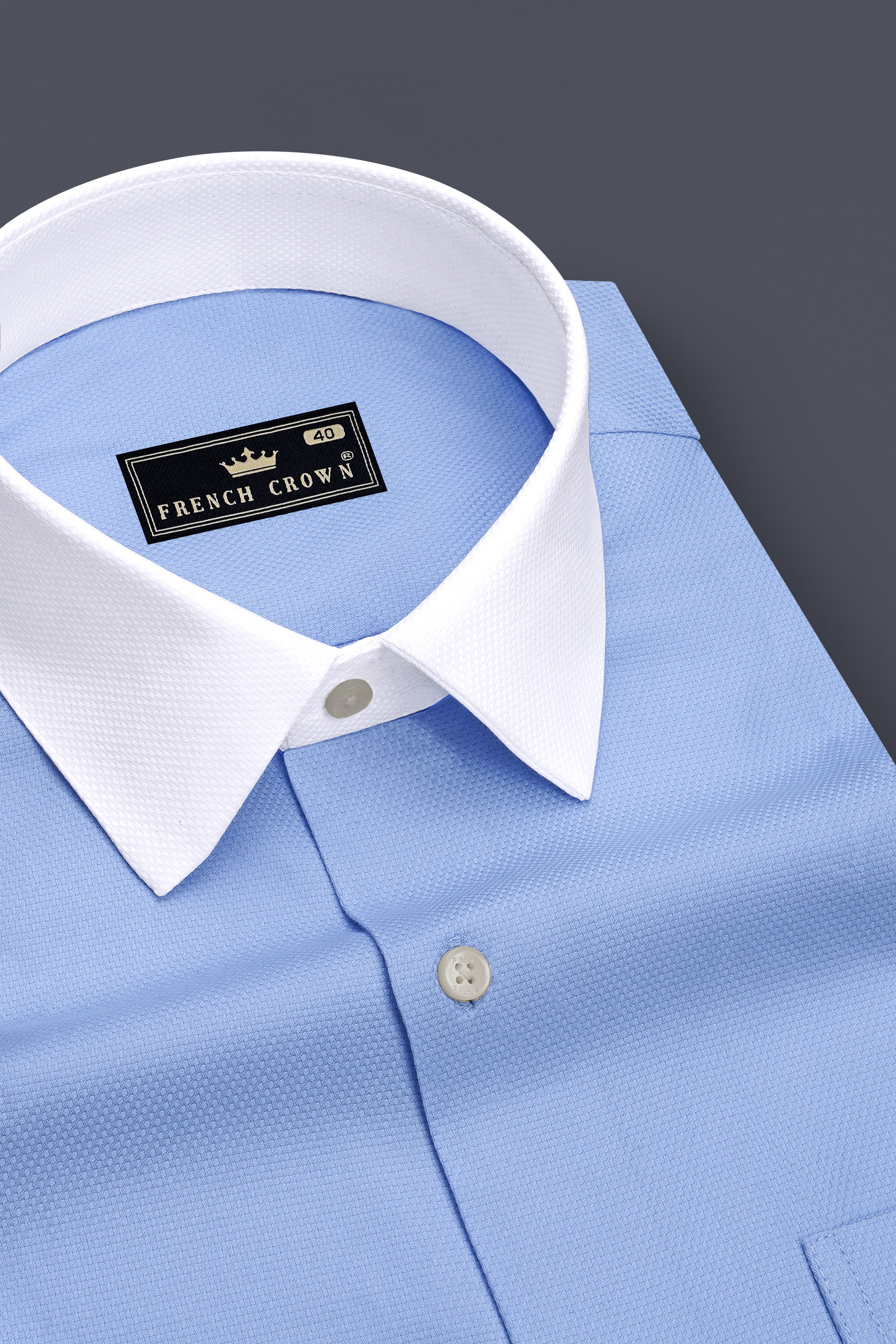 Sereno-Carolina Blue Dobby Textured Premium Giza Cotton White Cuff Collar Dress Shirt