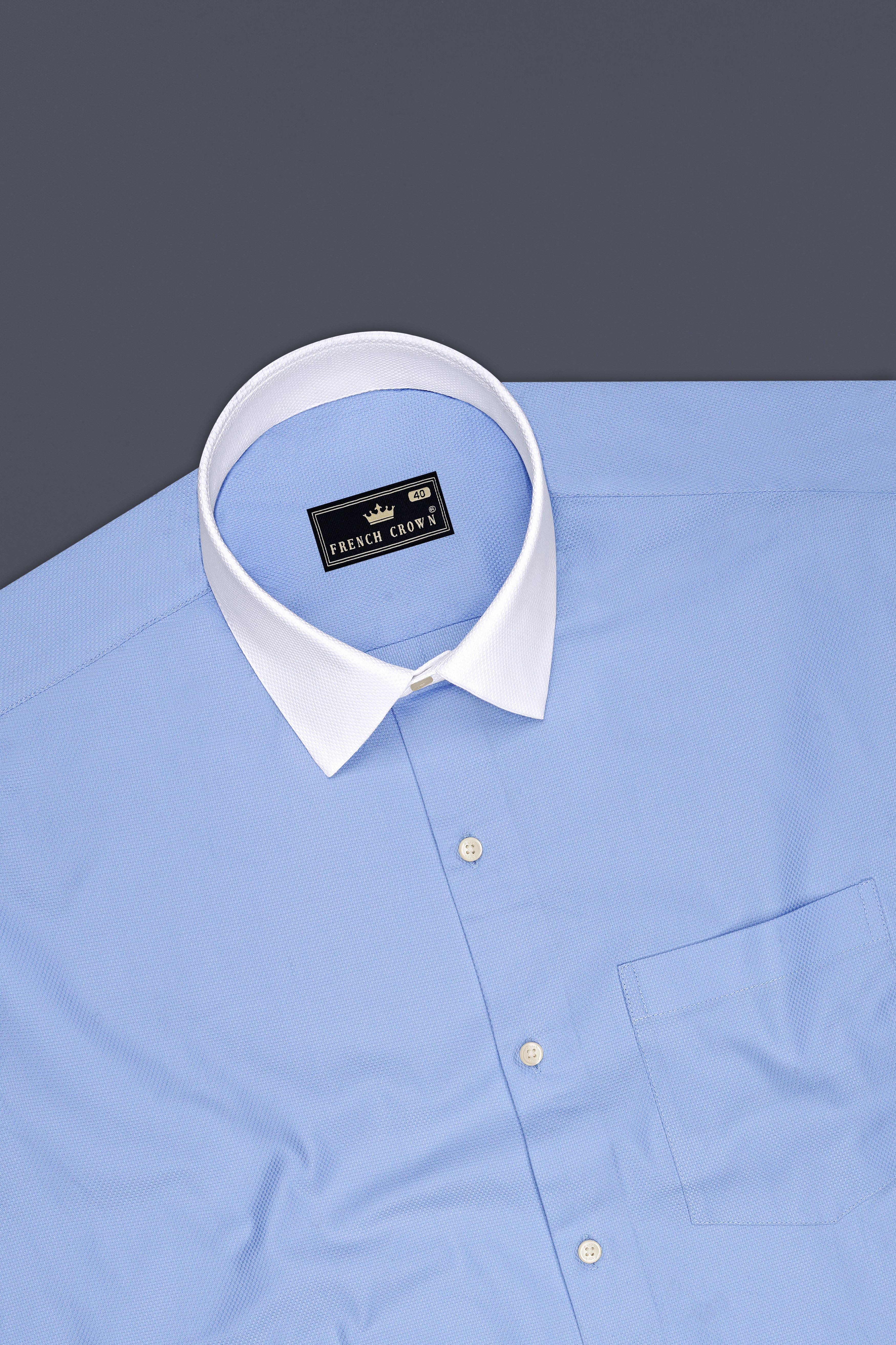 Sereno-Carolina Blue Dobby Textured Premium Giza Cotton White Cuff Collar Dress Shirt