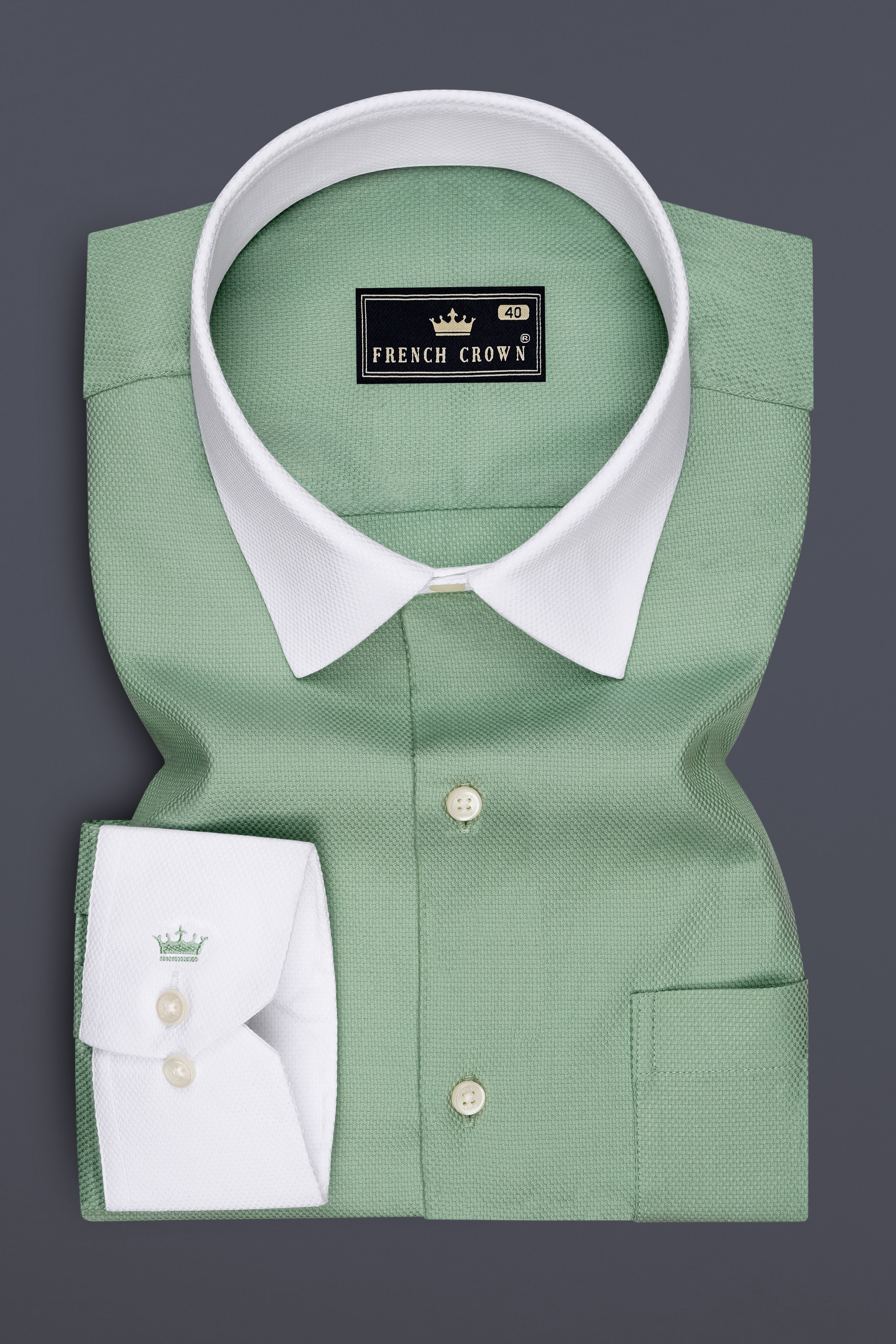 Crest-Cascade Green Dobby Textured Premium Giza Cotton White Cuff Collar Dress Shirt