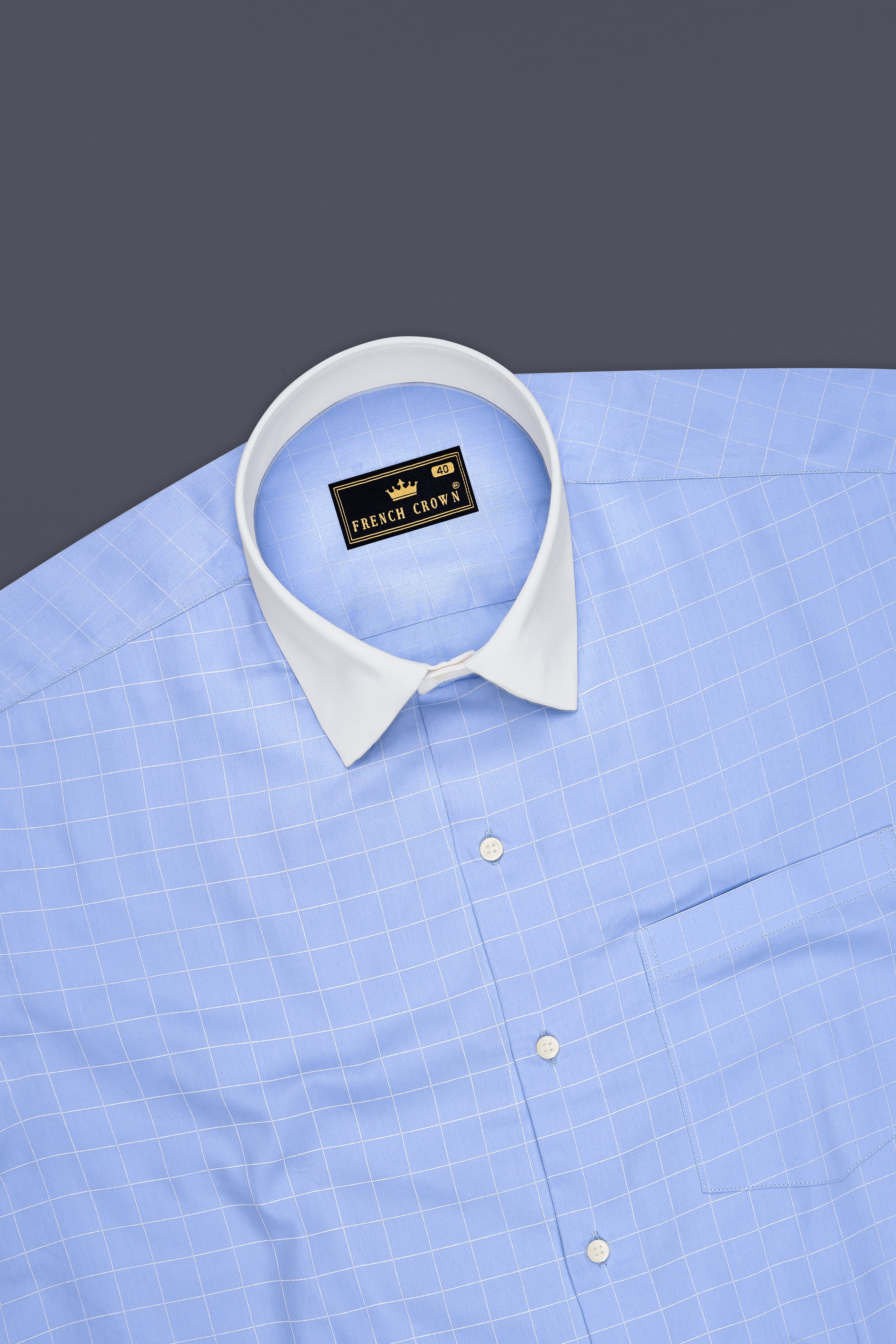 Aether-Cloudy Blue And Bright White Windowpane Subtle Sheen Super Soft Premium Cotton White Cuff Collar Dress Shirt