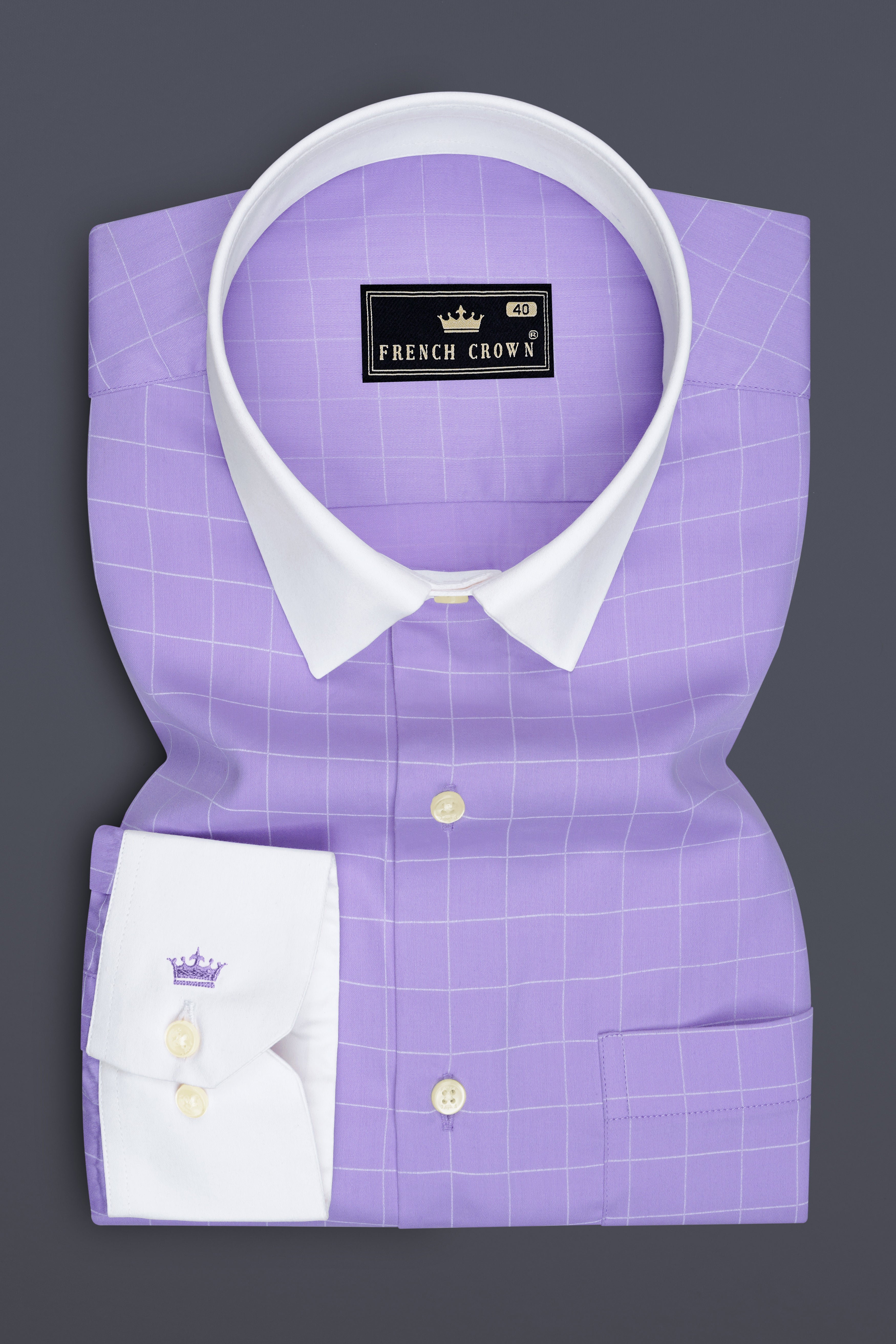 Lumis-Biloba Purple And Bright White Windowpane Subtle Sheen Super Soft Premium Cotton White Cuff Collar Dress Shirt
