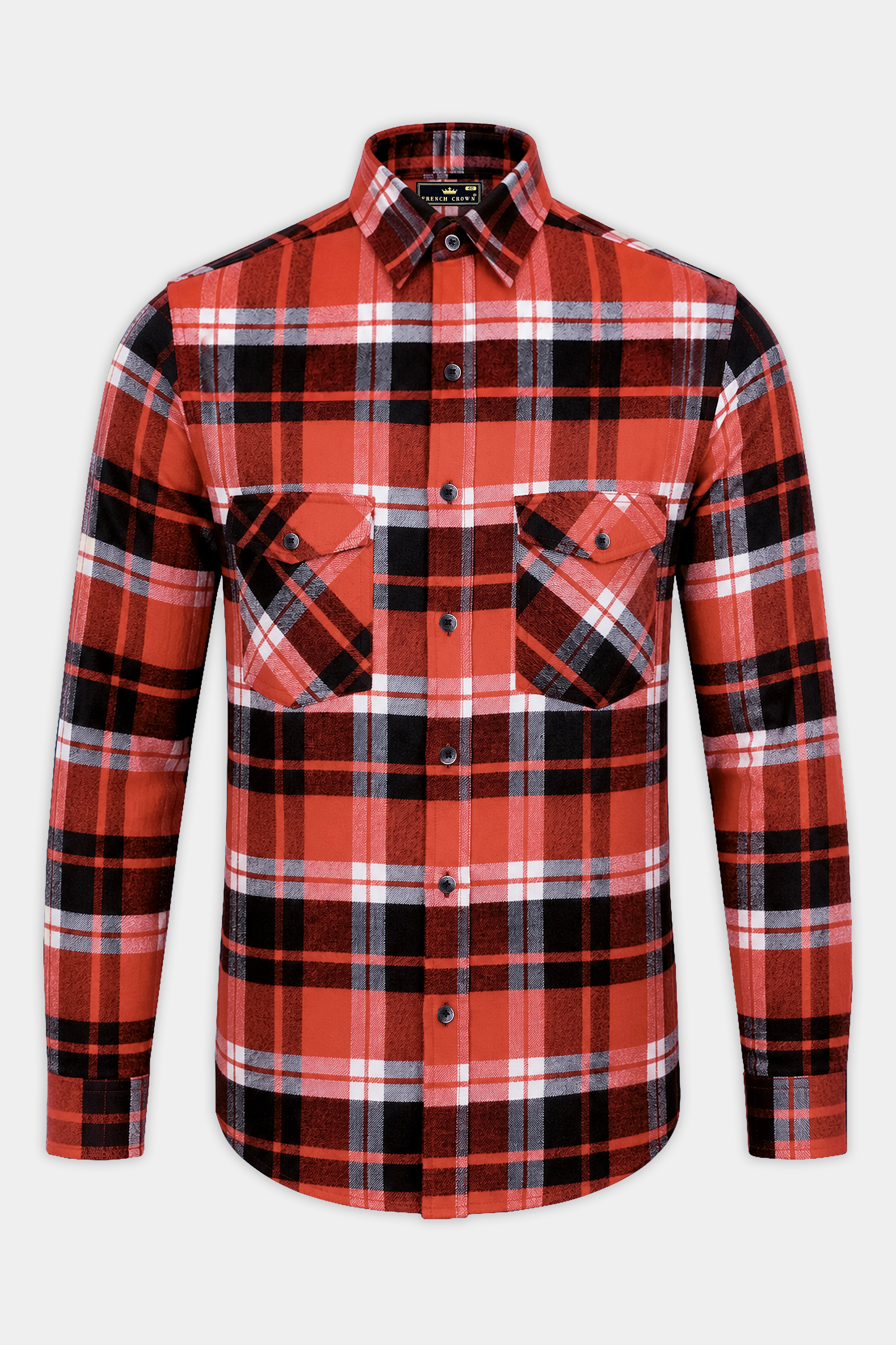 Harrow-Cinnabar Orange And Jade Black Plaid Flannel Premium Cotton Designer Casual Shirt