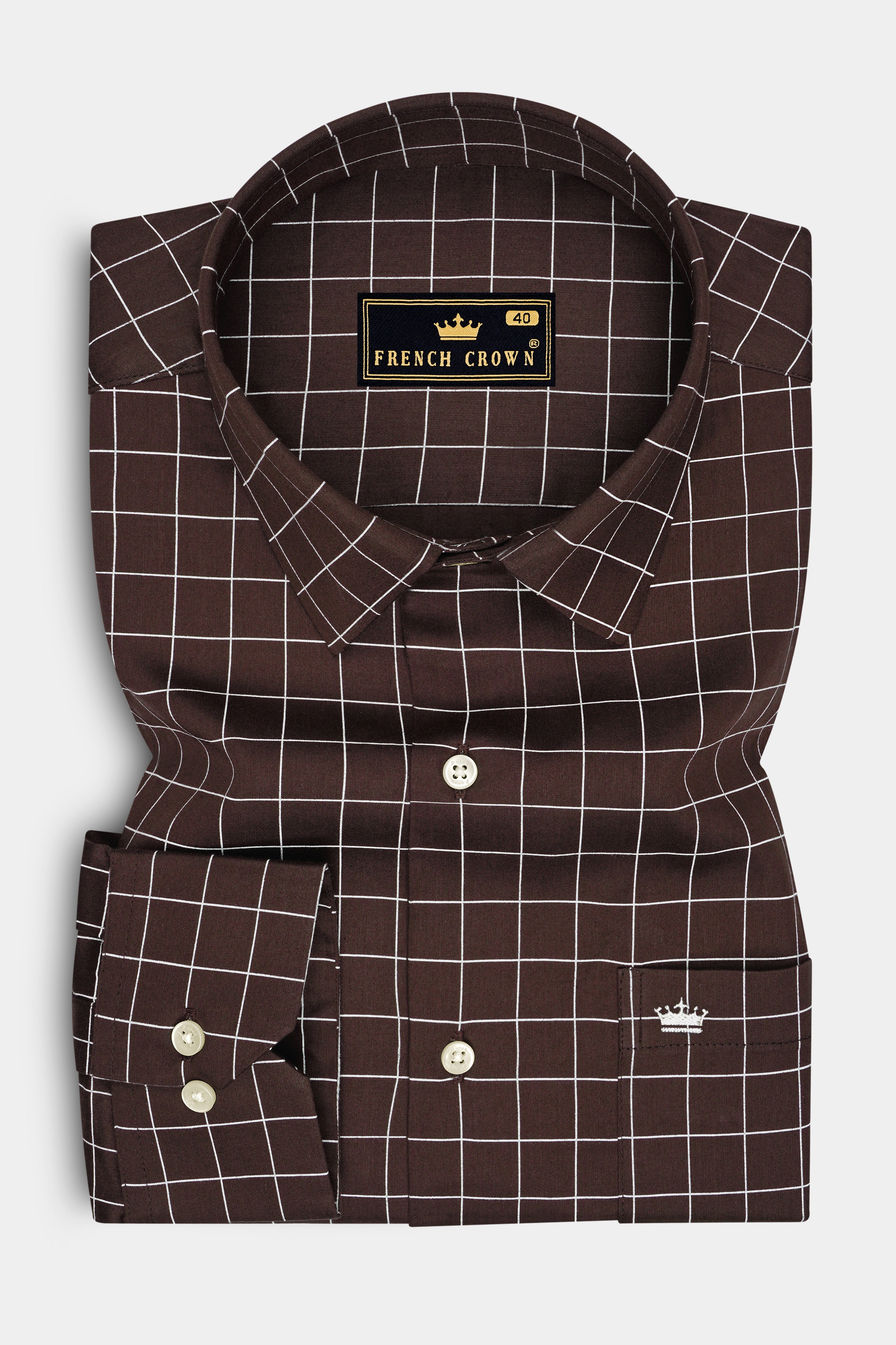 Monarch-Bistre Brown And Bright White Windowpane Subtle Sheen Super Soft Premium Cotton Dress Shirt