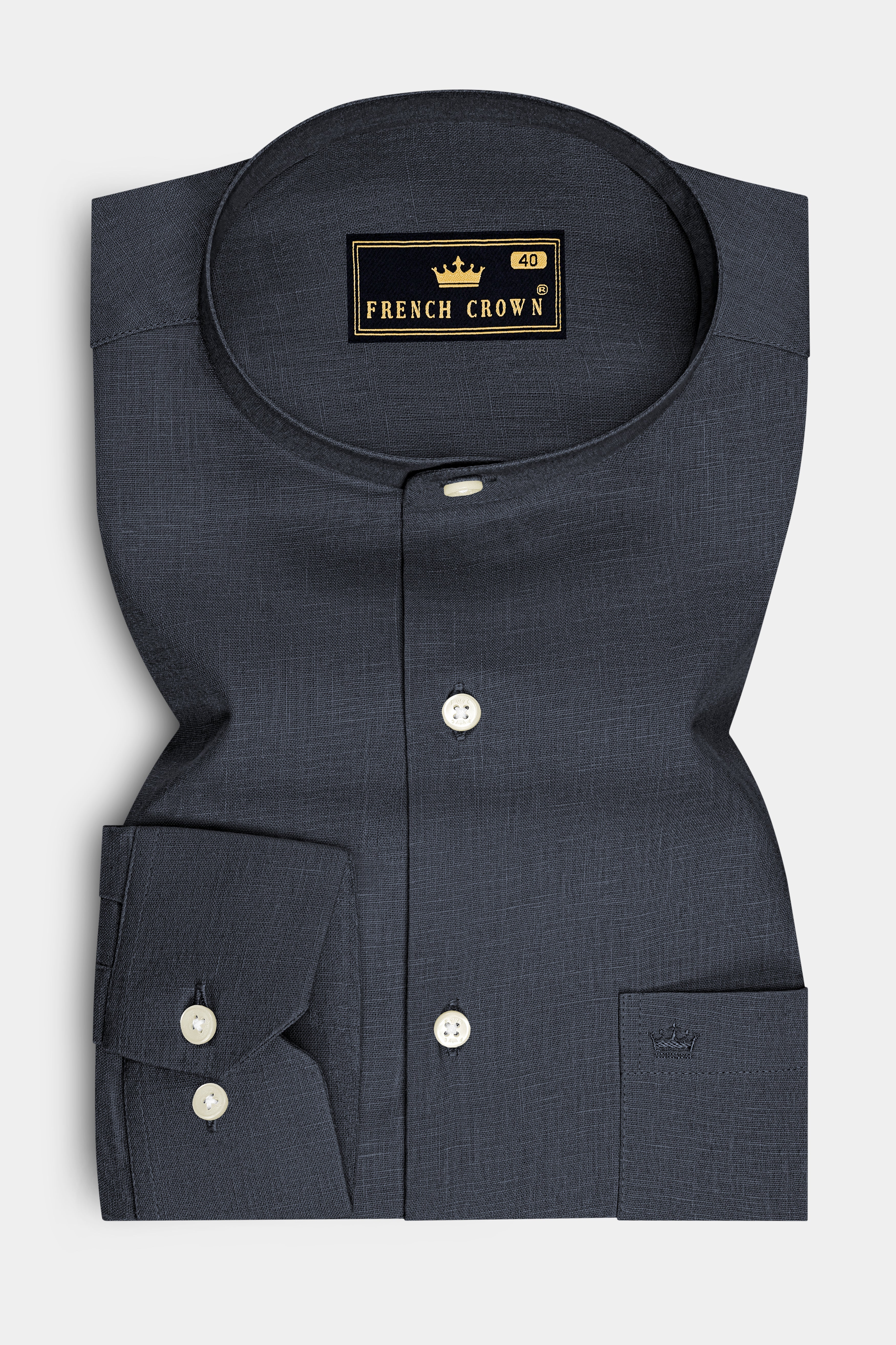 Obsidian-Charcoal Gray Luxurious Linen Mandarin Dress Shirt